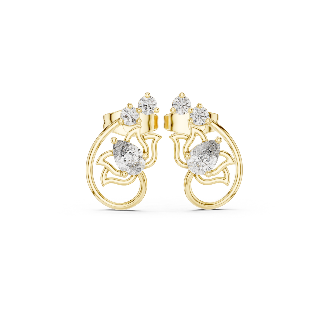 High shine pear and round cut diamond floral hoop stud earrings