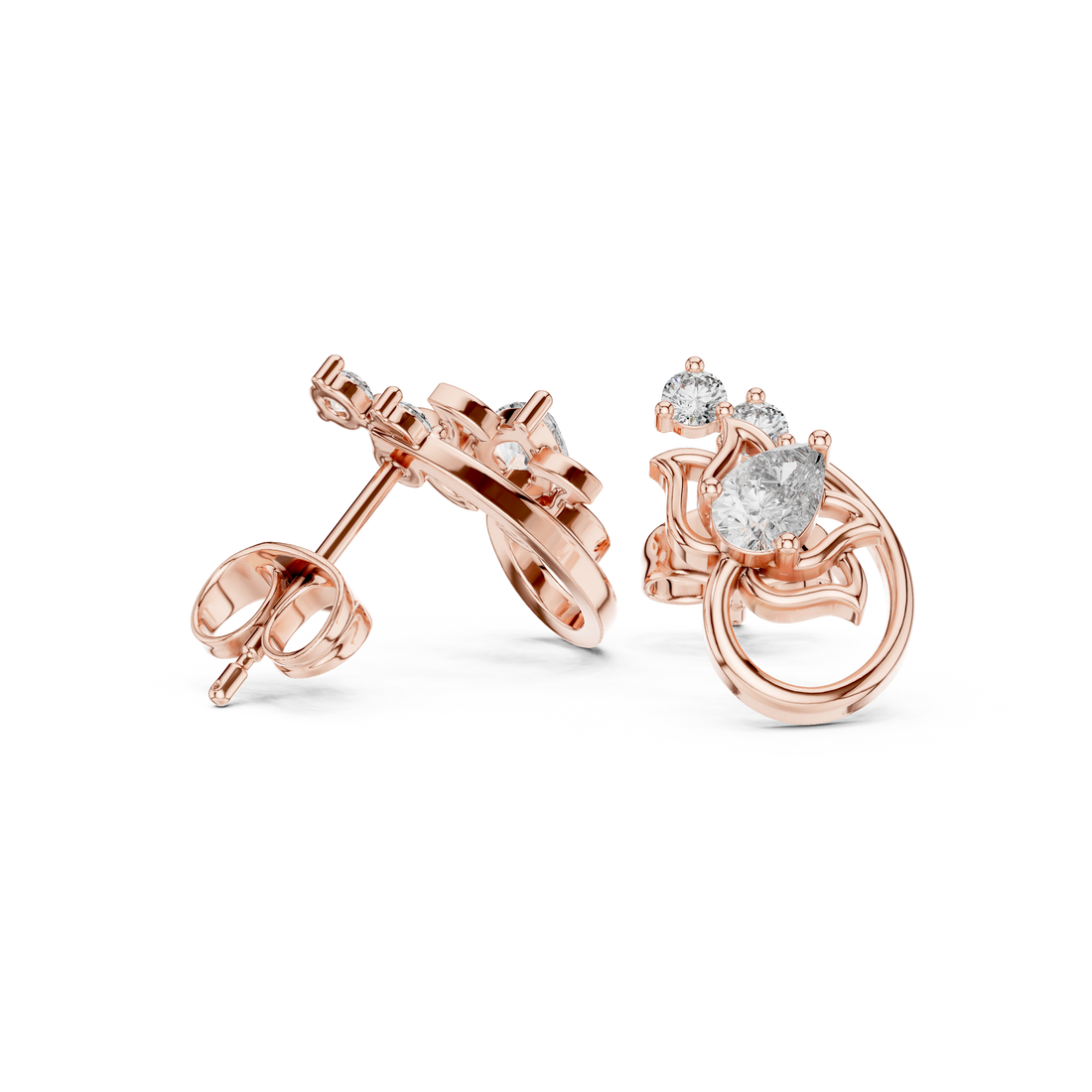 Timeless pear and round diamond floral hoop inspired stud earrings