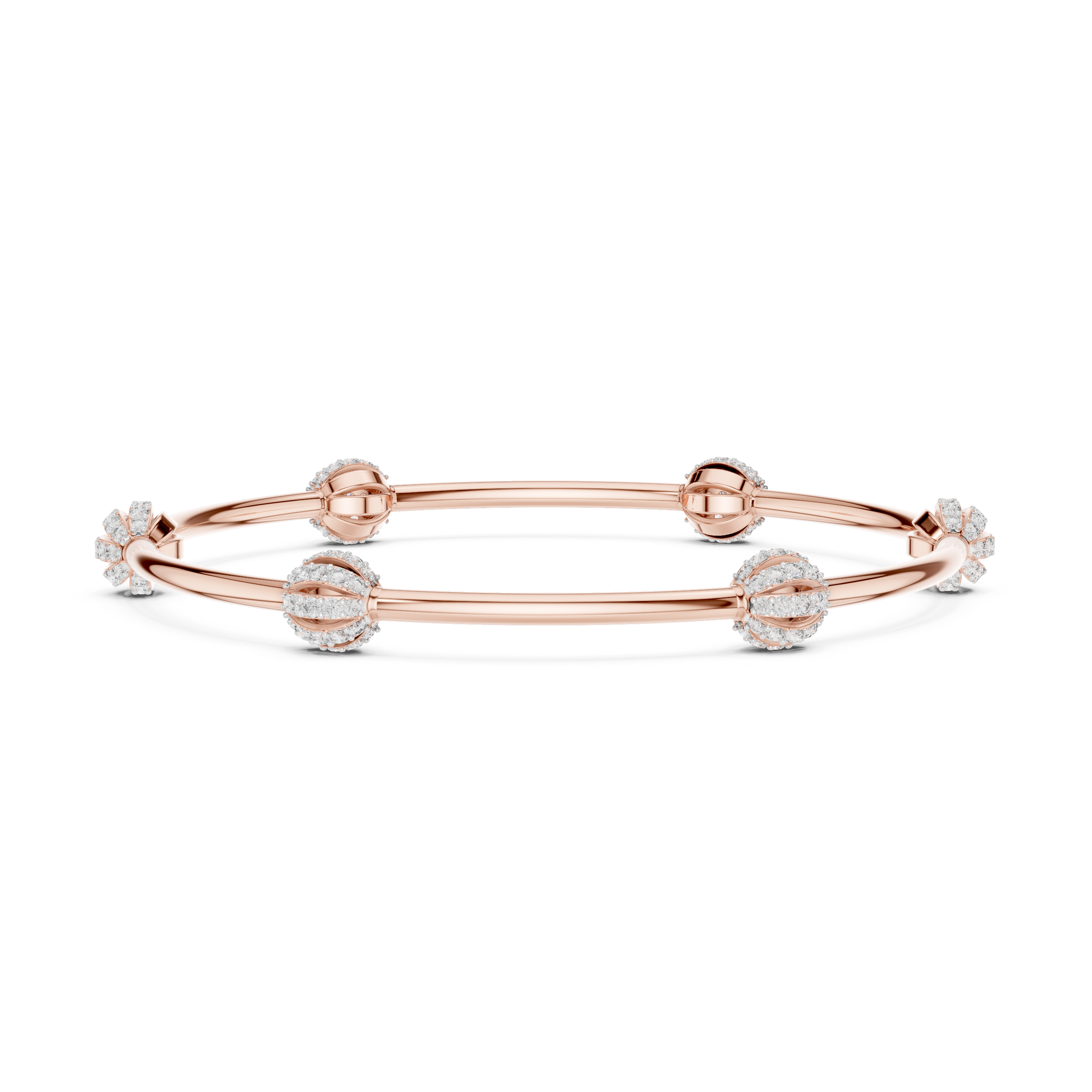 Round Brilliant Diamond Bead Station Bangle Bracelet with Sculpted Diamond Accents