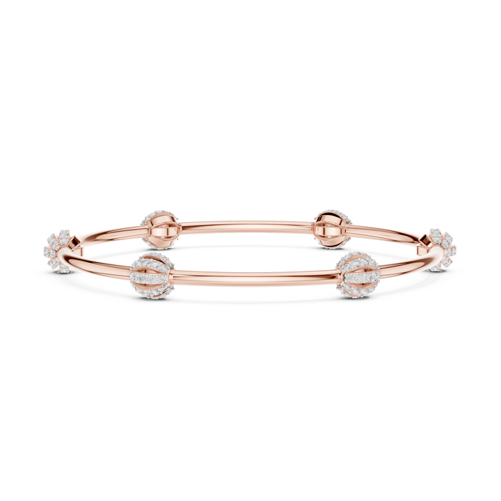 Round Brilliant Diamond Bead Station Bangle Bracelet with Sculpted Diamond Accents