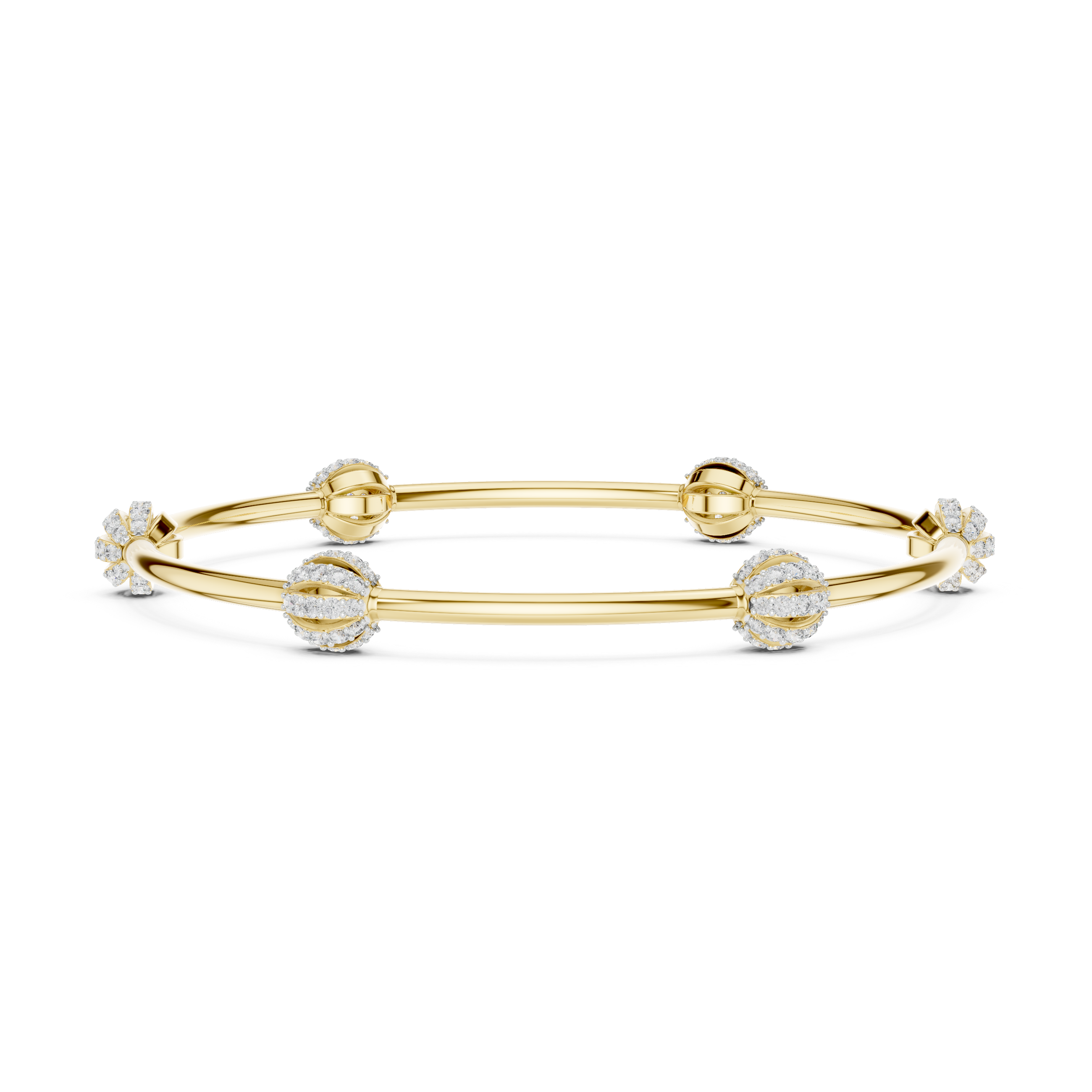 Round Brilliant Diamond Bead Station Bangle Bracelet with Sculpted Diamond Accents