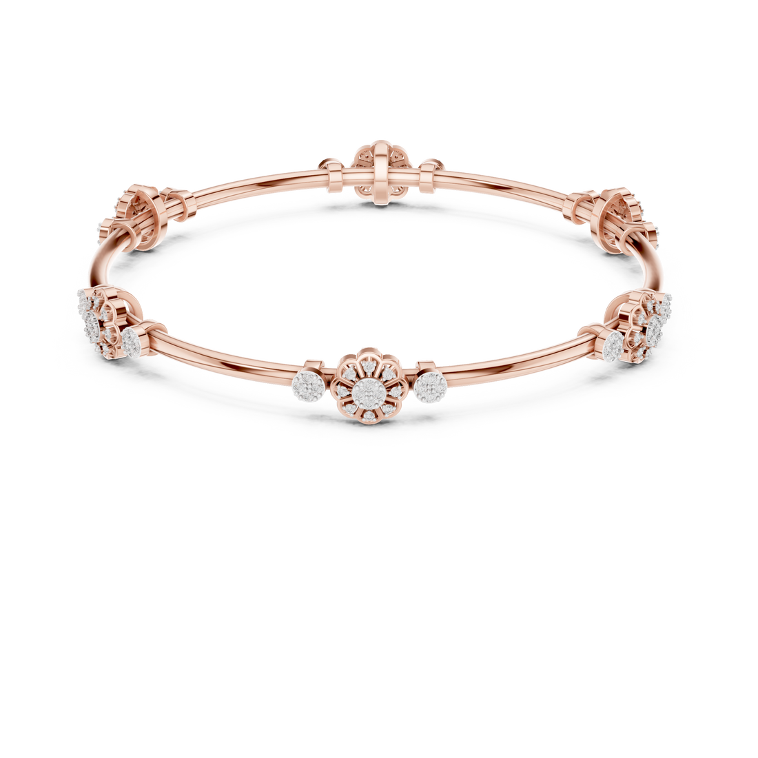 Round Diamond Floral Cluster Open Bangle Bracelet