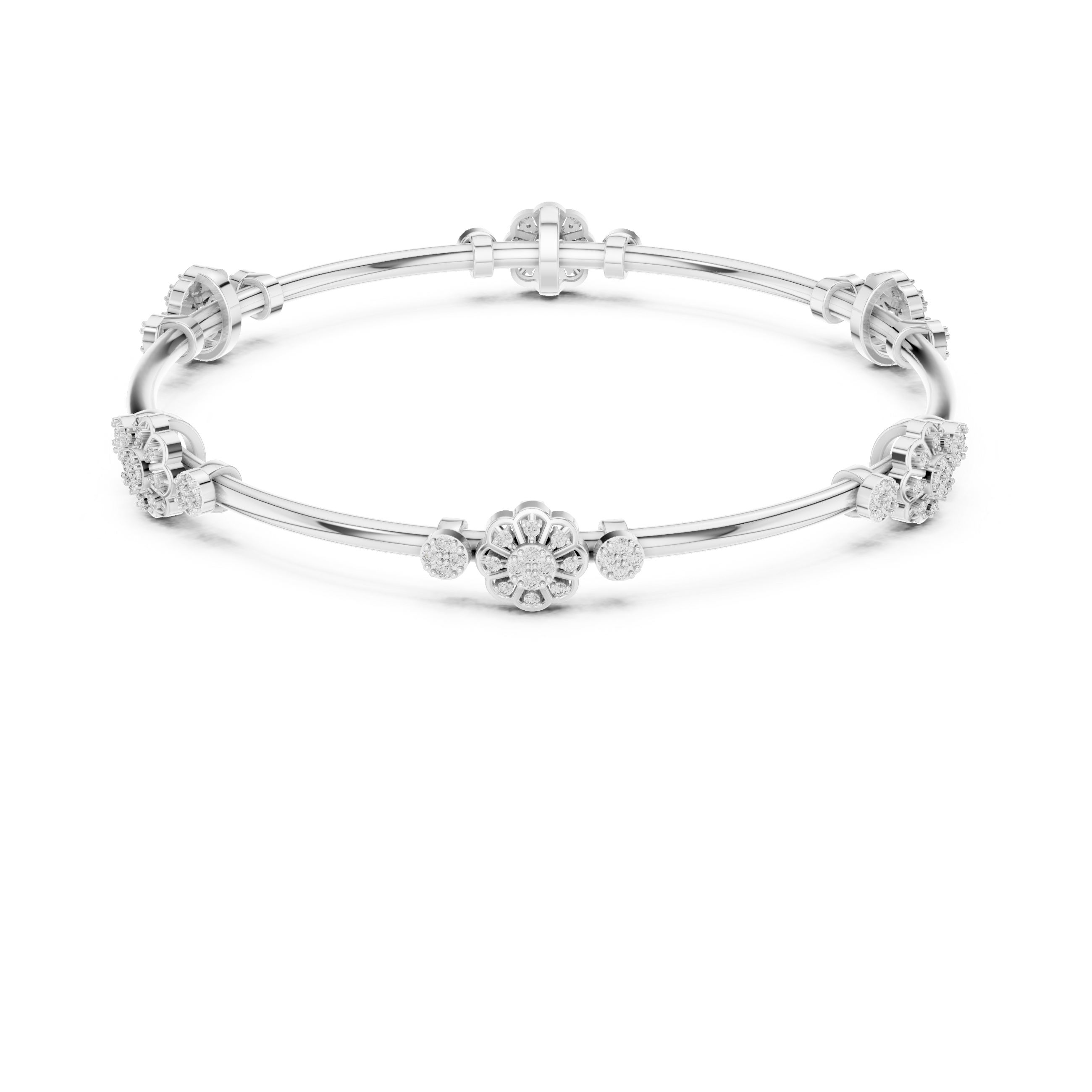 Round Diamond Floral Cluster Open Bangle Bracelet