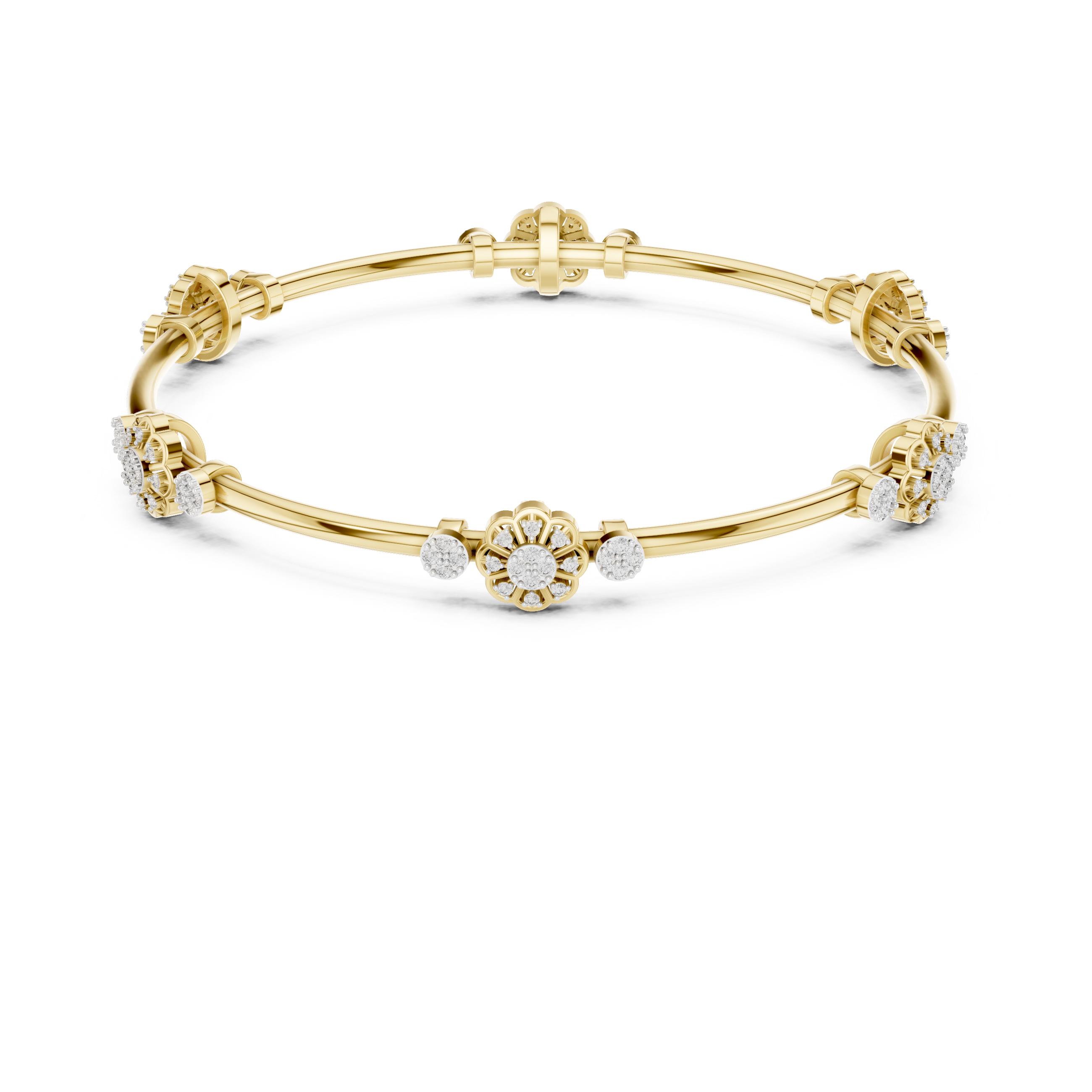 Round Diamond Floral Cluster Open Bangle Bracelet