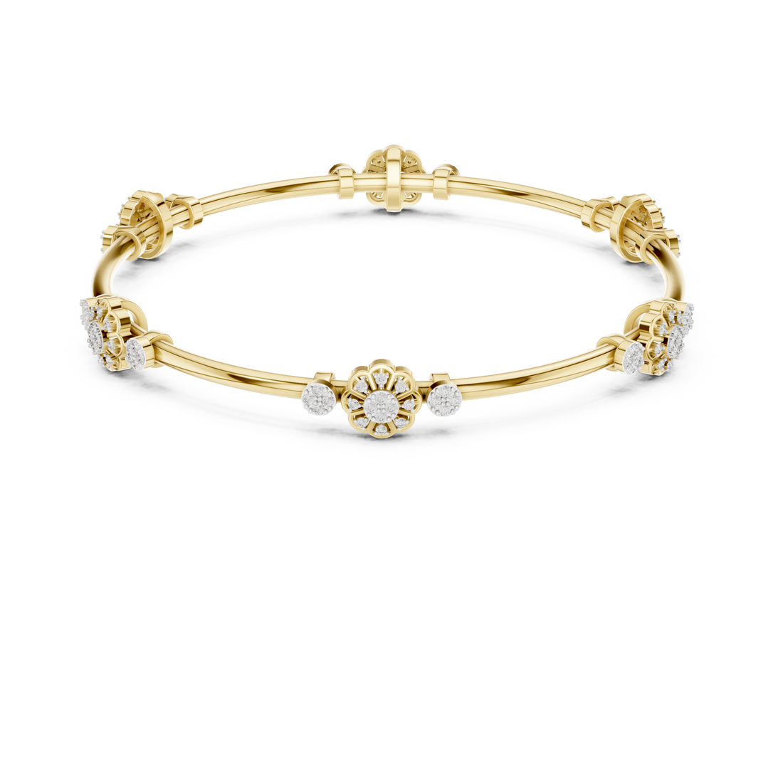 Round Diamond Floral Cluster Open Bangle Bracelet