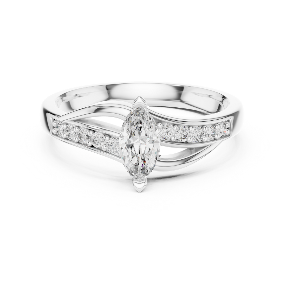 Marquise Cut Gemstone and Round Diamond Twist Side Stone Ring