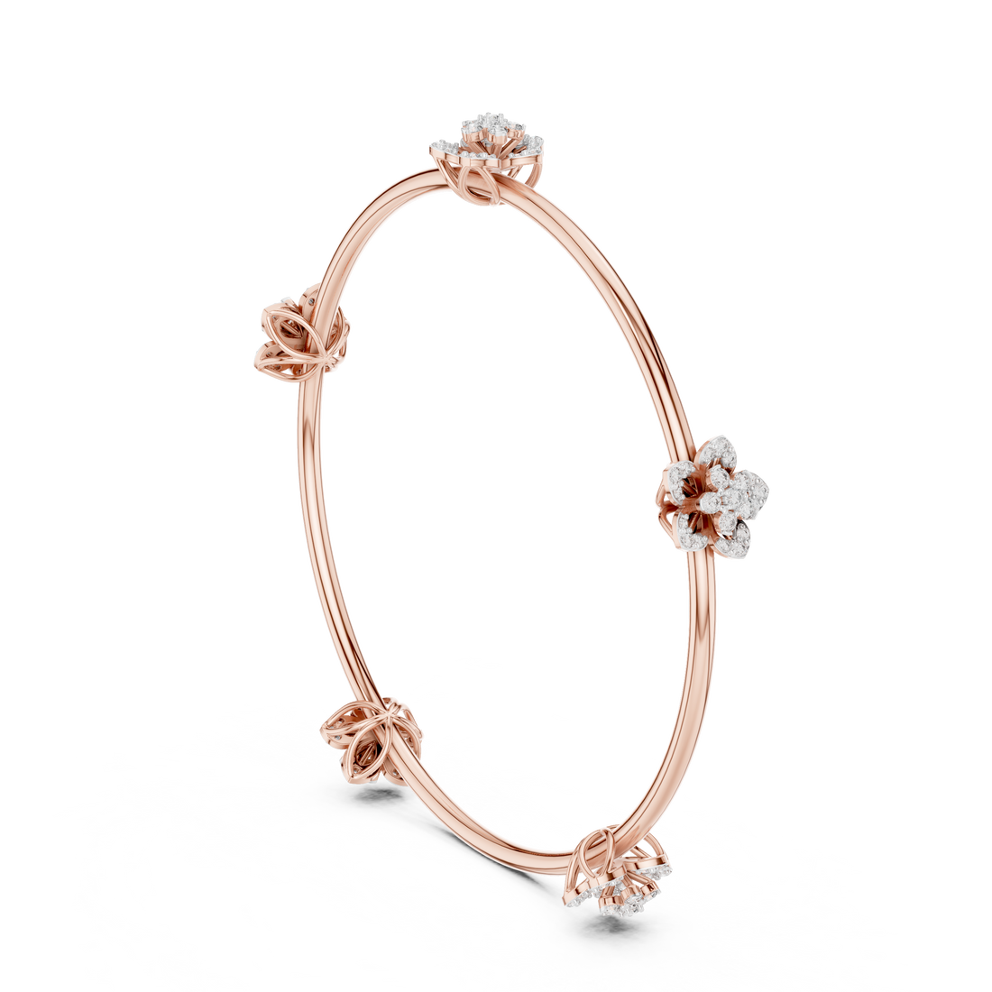Round Diamond Floral Motif Station Open Bangle Bracelet