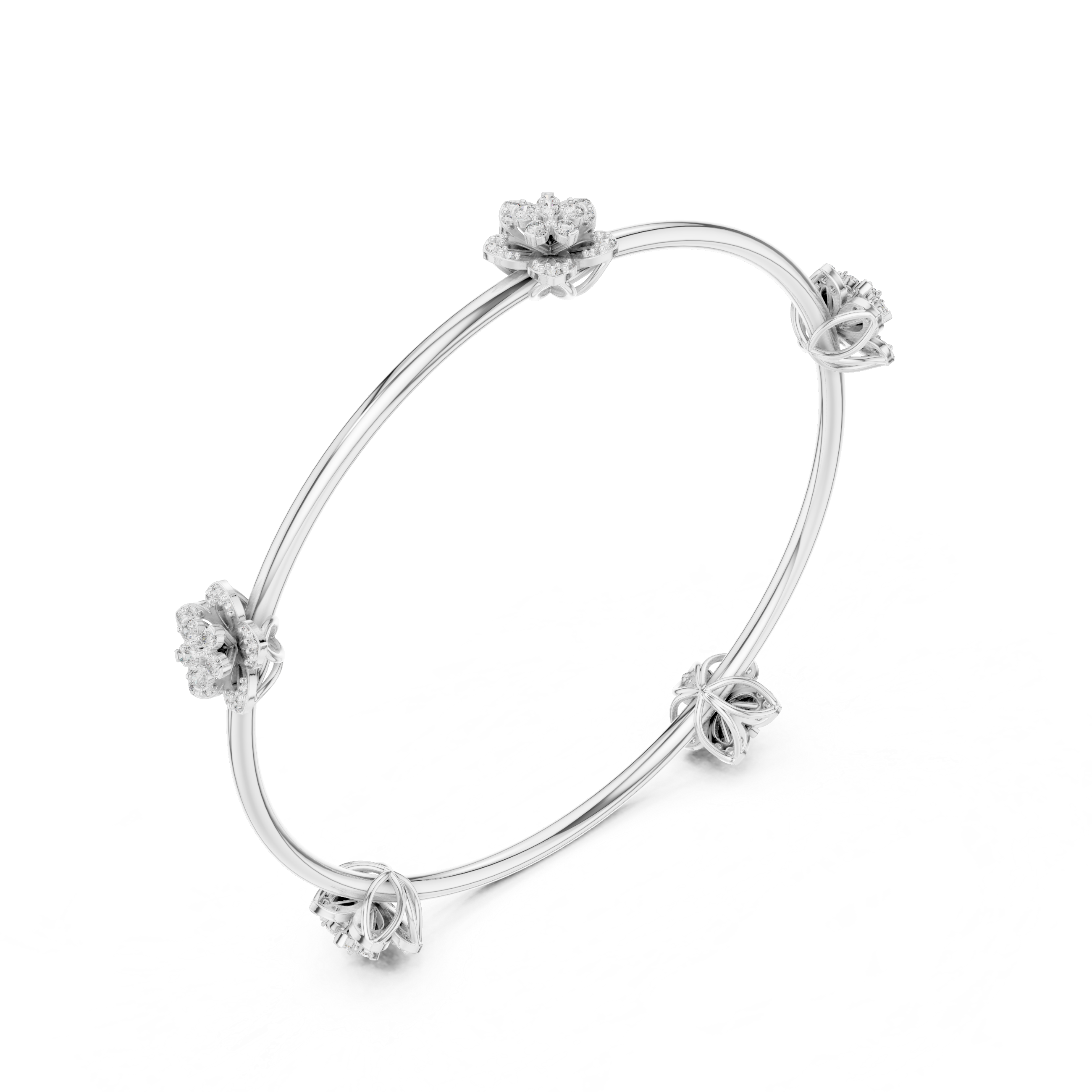 Round Diamond Floral Motif Station Open Bangle Bracelet