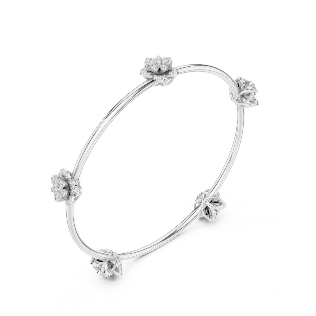 Round Diamond Floral Motif Station Open Bangle Bracelet