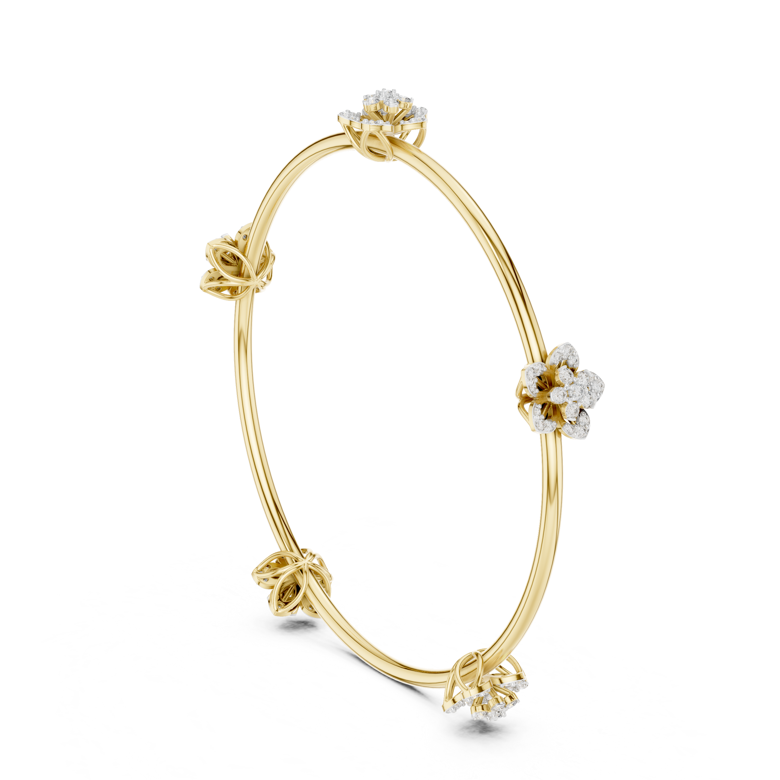 Round Diamond Floral Motif Station Open Bangle Bracelet