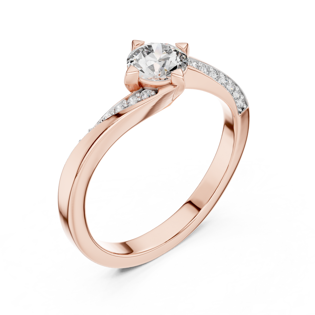 Round Cut Diamond Twist Side Stone Solitaire Ring