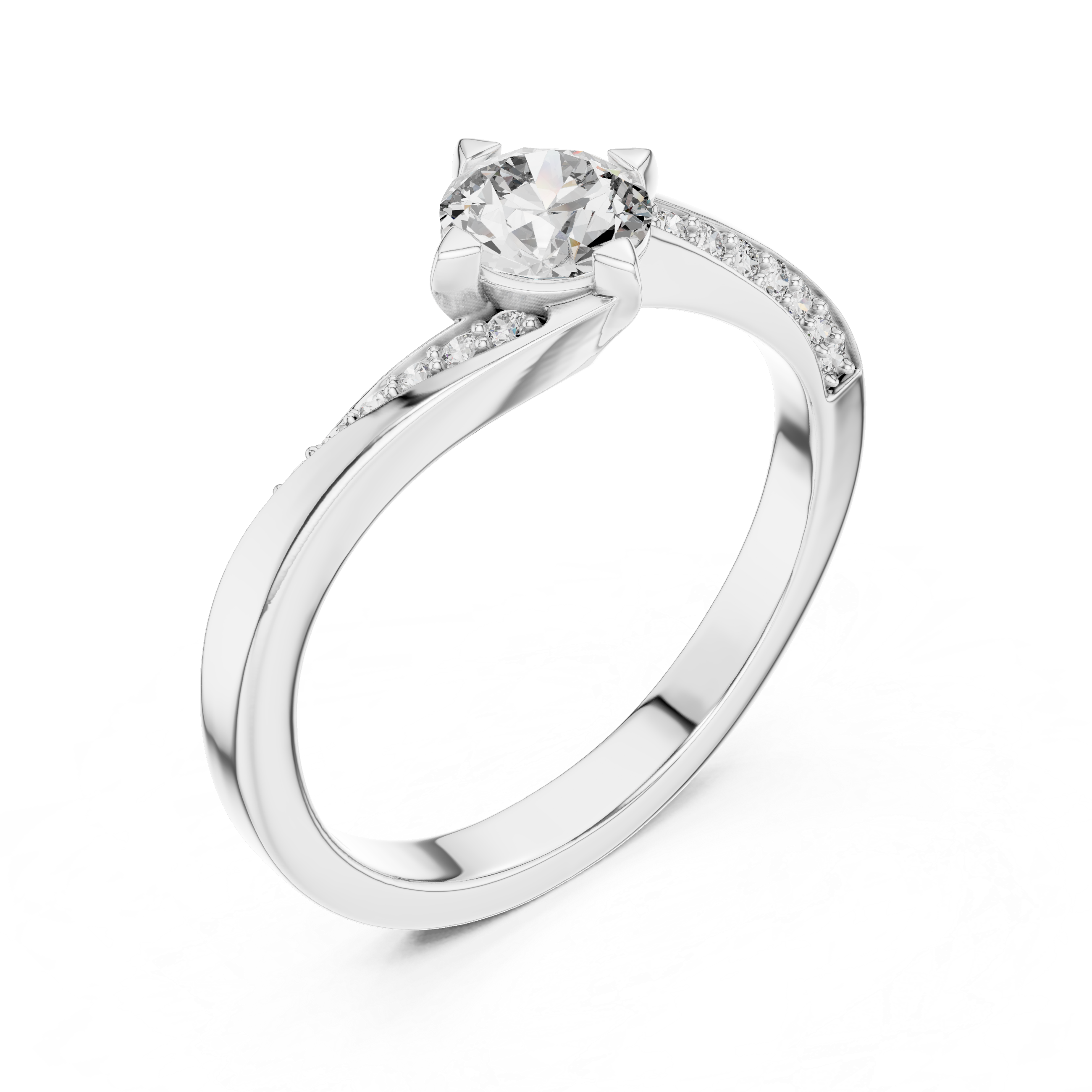 Round Cut Diamond Twist Side Stone Solitaire Ring