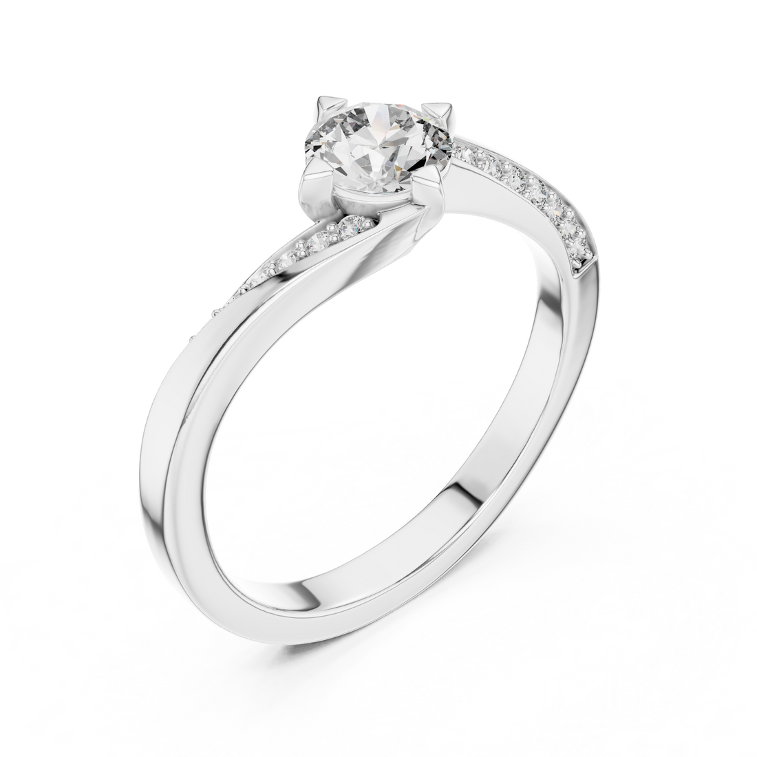 Round Cut Diamond Twist Side Stone Solitaire Ring