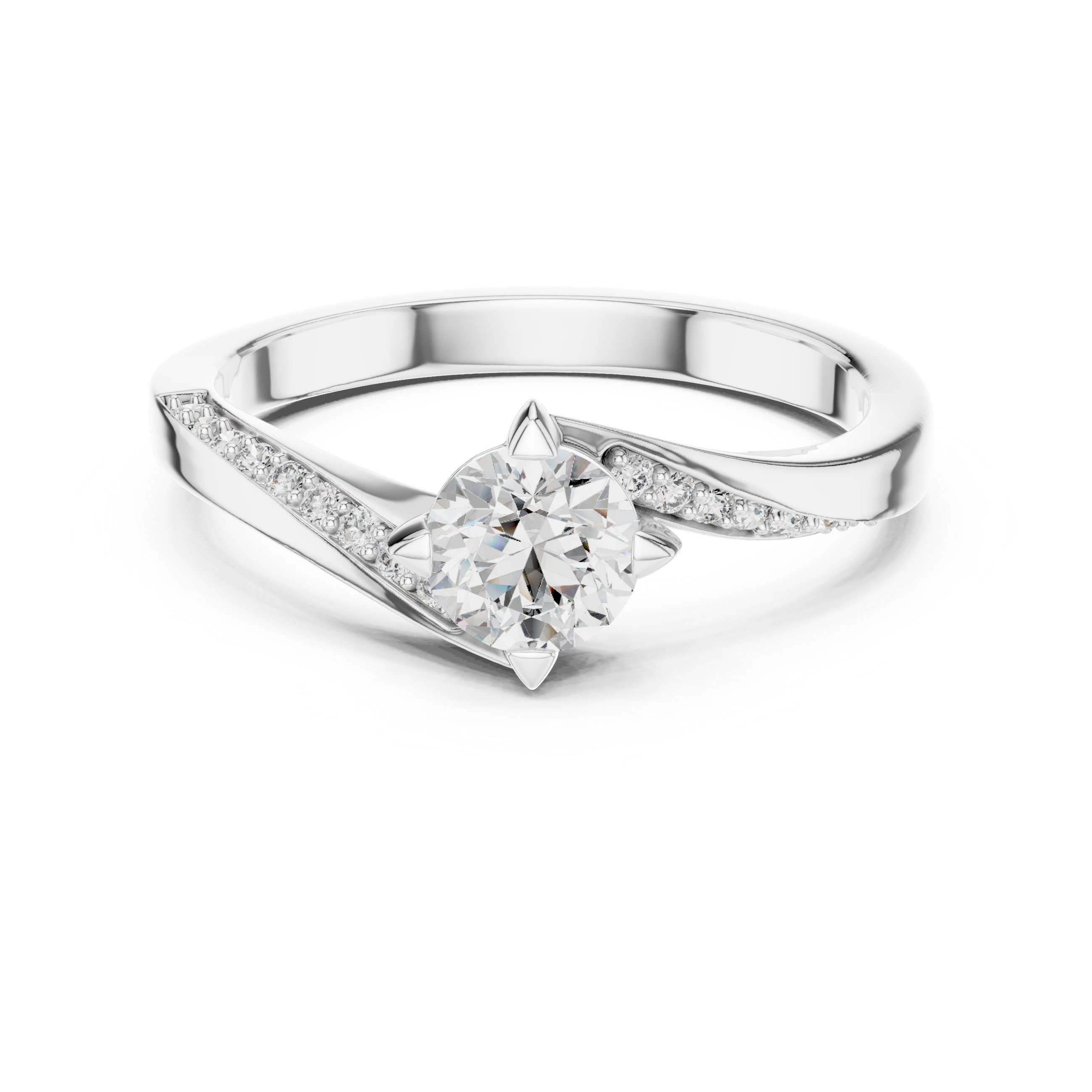 Round Cut Diamond Twist Side Stone Solitaire Ring