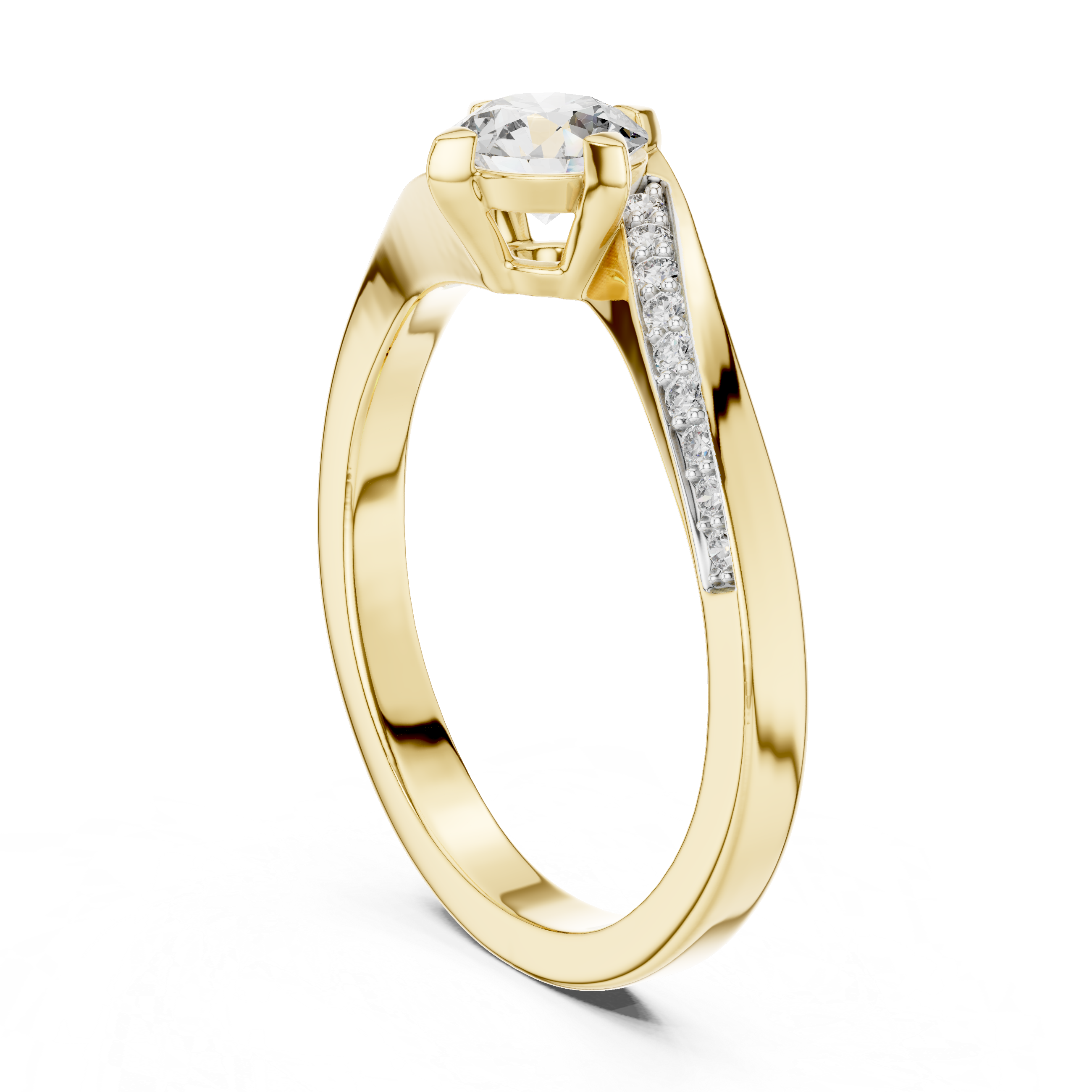 Round Cut Diamond Twist Side Stone Solitaire Ring