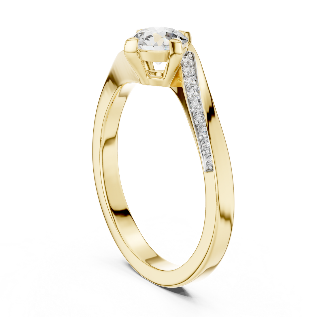 Round Cut Diamond Twist Side Stone Solitaire Ring