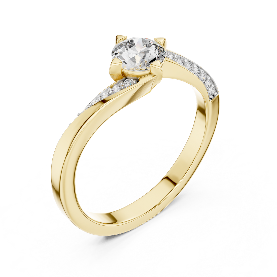 Round Cut Diamond Twist Side Stone Solitaire Ring