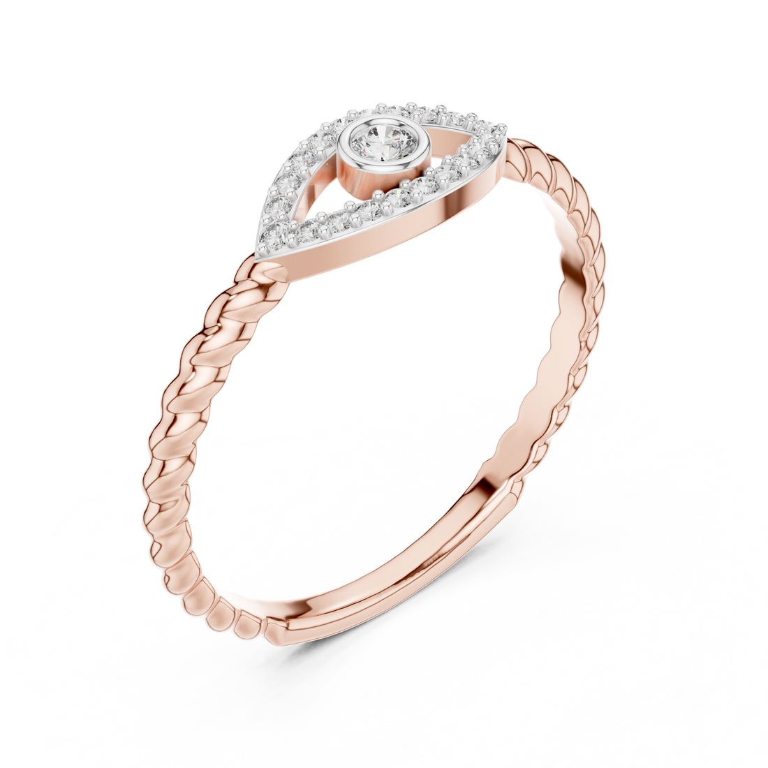 Round Cut Diamond Evil Eye Halo Twisted Band Ring