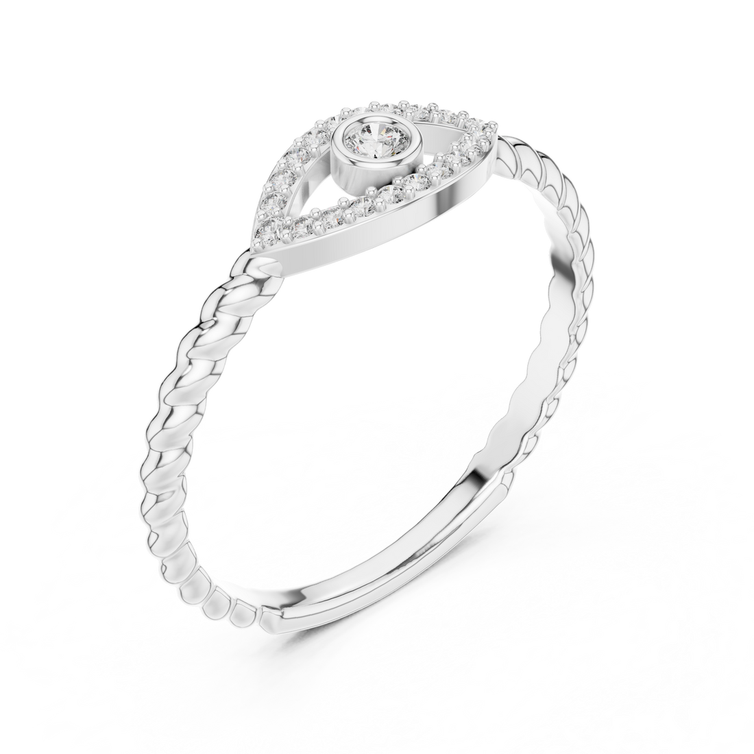 Round Cut Diamond Evil Eye Halo Twisted Band Ring