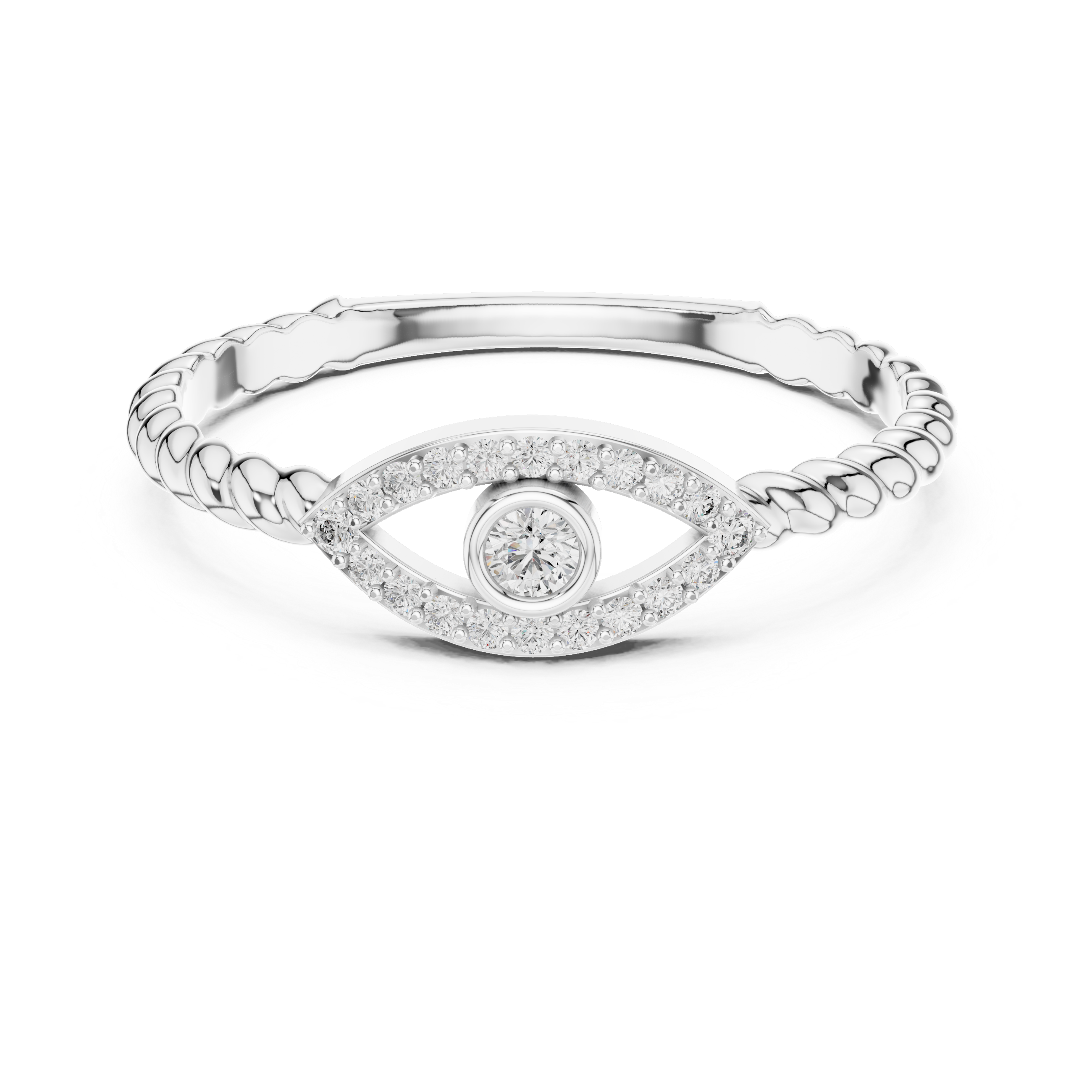 Round Cut Diamond Evil Eye Halo Twisted Band Ring