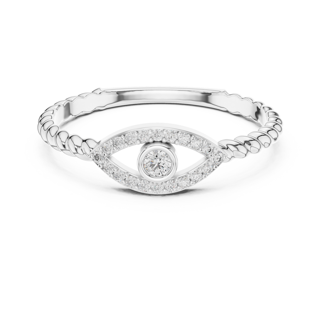 Round Cut Diamond Evil Eye Halo Twisted Band Ring