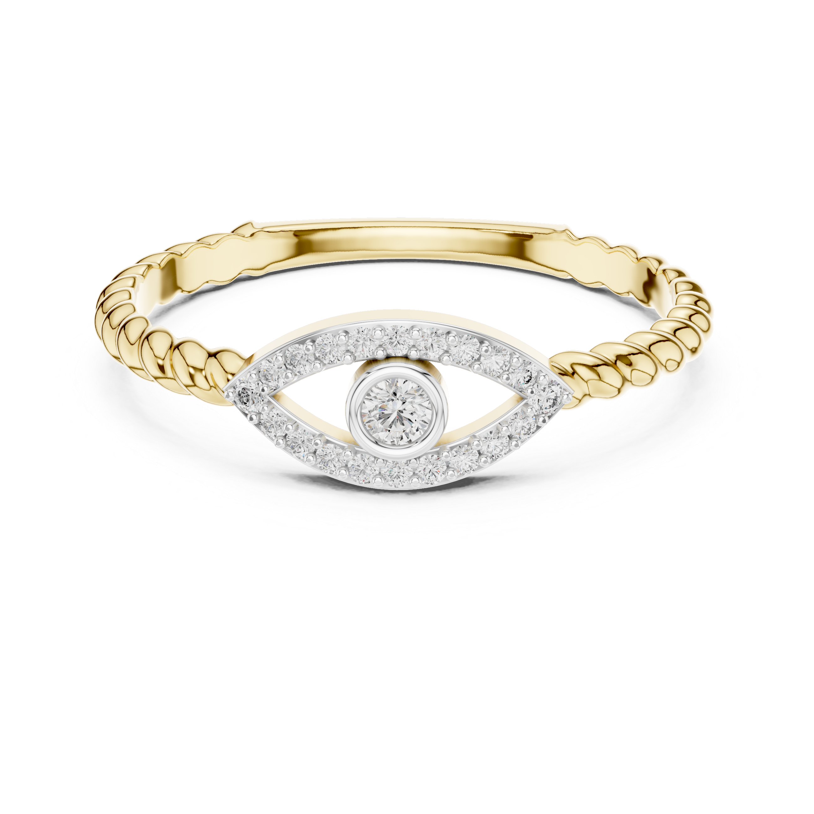 Round Cut Diamond Evil Eye Halo Twisted Band Ring