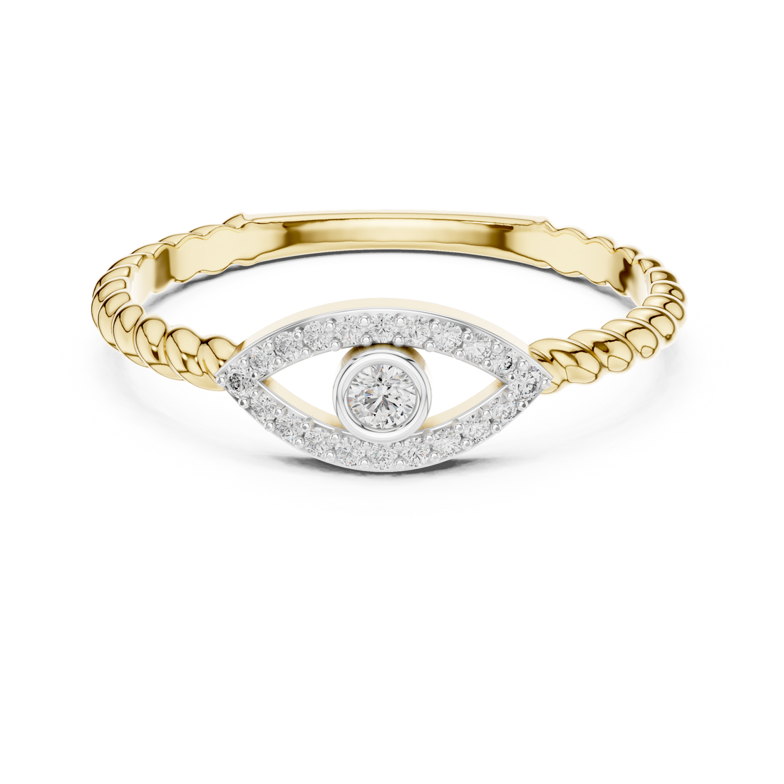 Round Cut Diamond Evil Eye Halo Twisted Band Ring