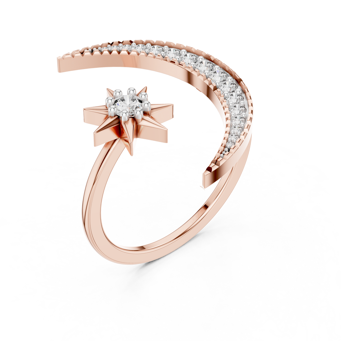 Round Cut Diamond Crescent Moon and Star Open Ring