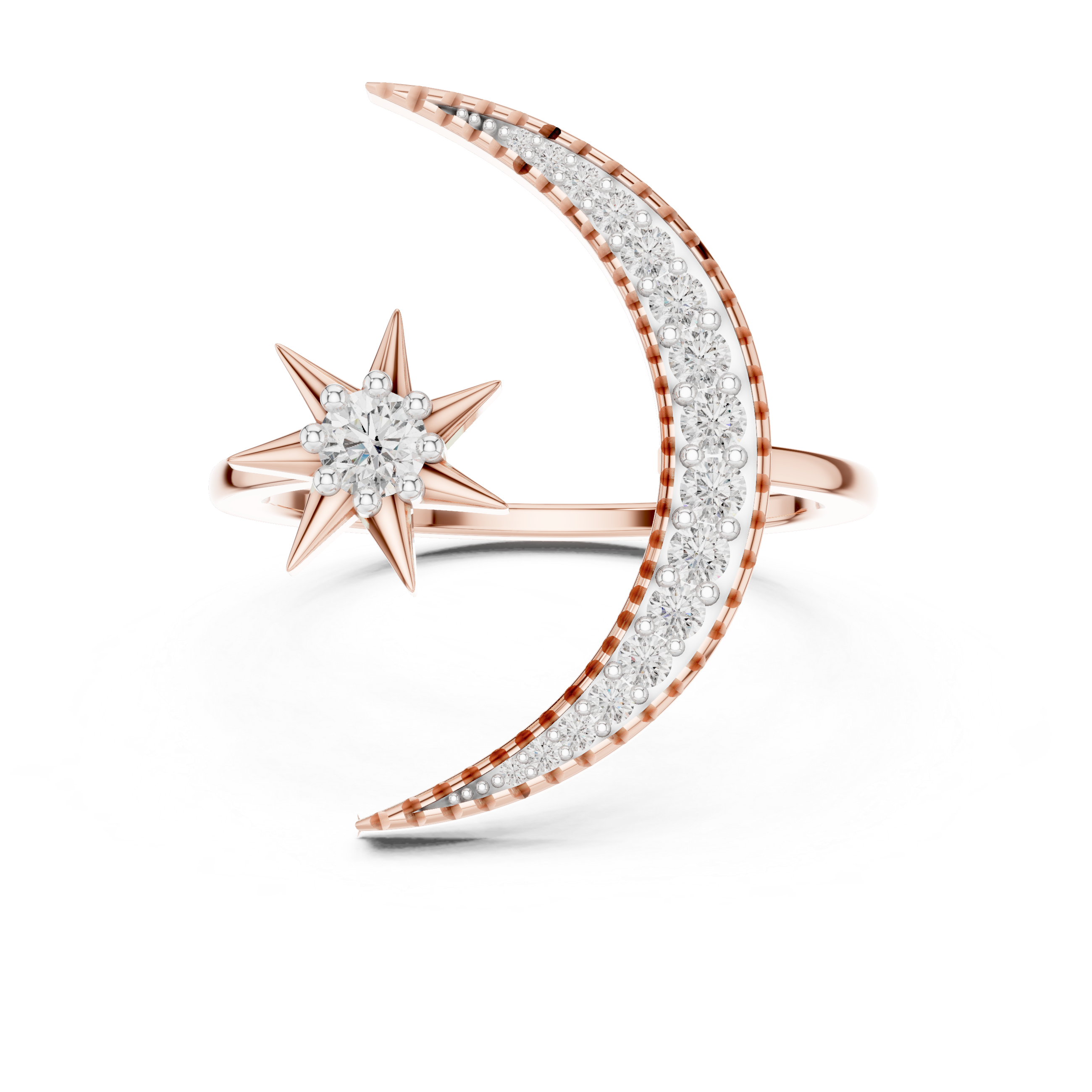 Round Cut Diamond Crescent Moon and Star Open Ring