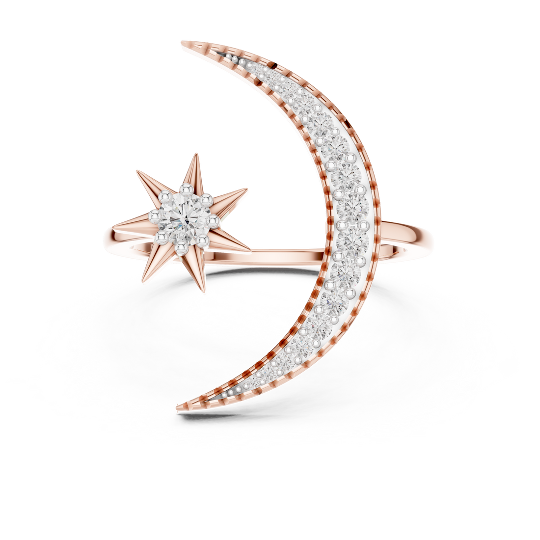 Round Cut Diamond Crescent Moon and Star Open Ring