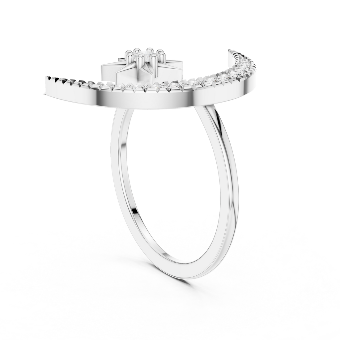 Round Cut Diamond Crescent Moon and Star Open Ring