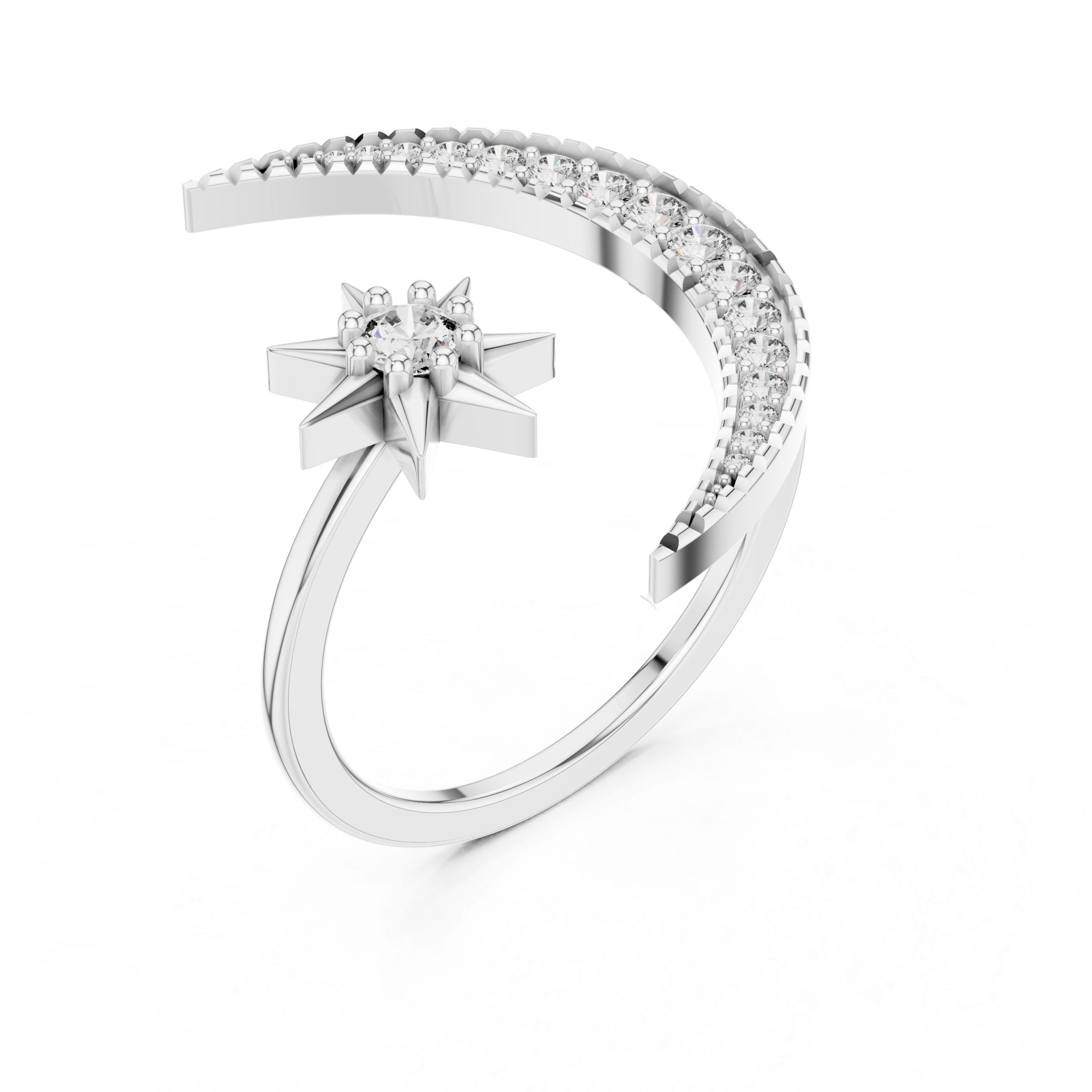 Round Cut Diamond Crescent Moon and Star Open Ring