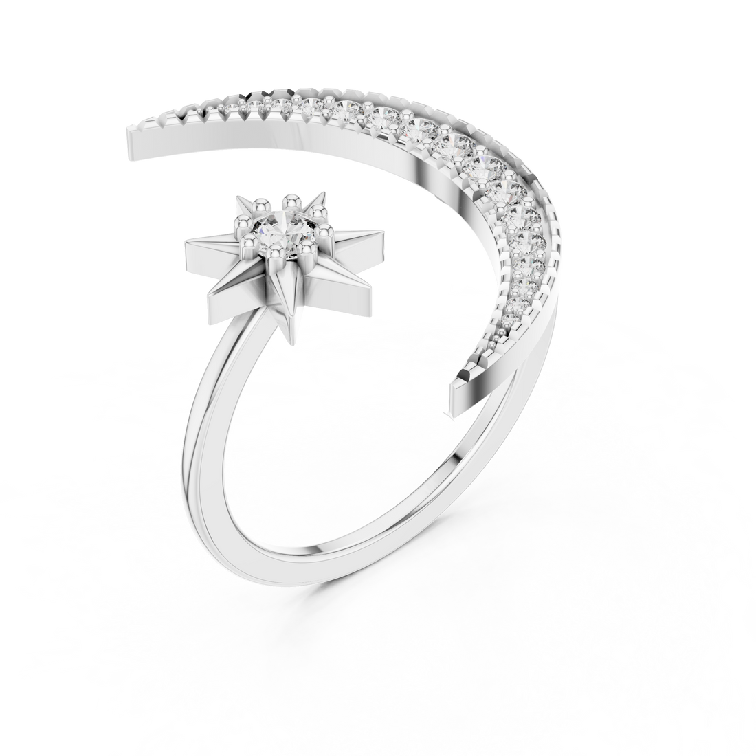 Round Cut Diamond Crescent Moon and Star Open Ring