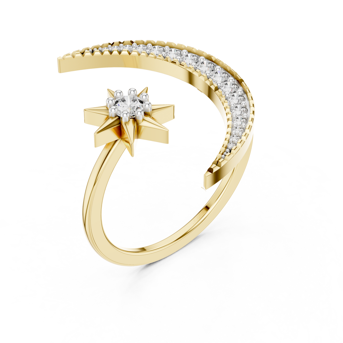Round Cut Diamond Crescent Moon and Star Open Ring
