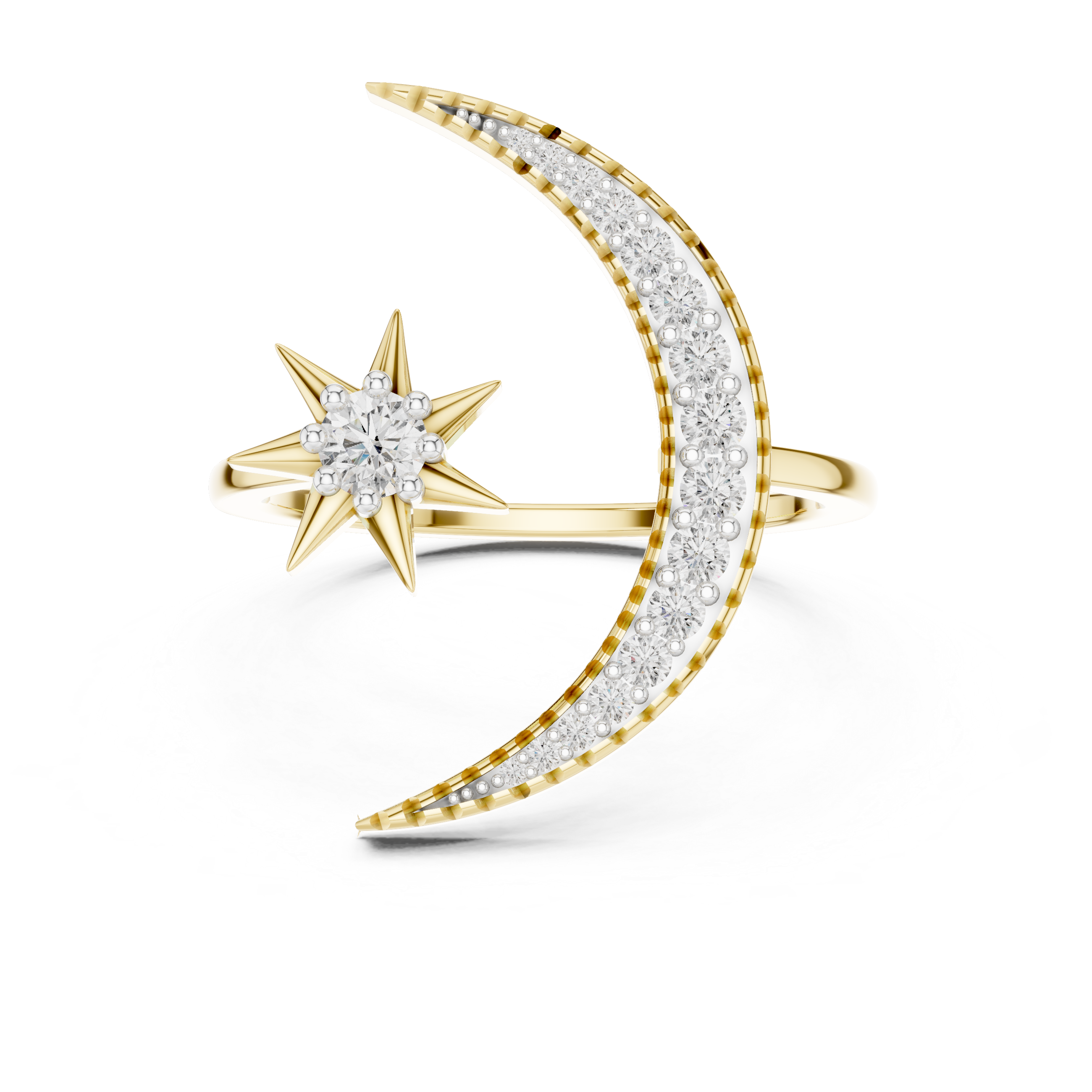 Round Cut Diamond Crescent Moon and Star Open Ring