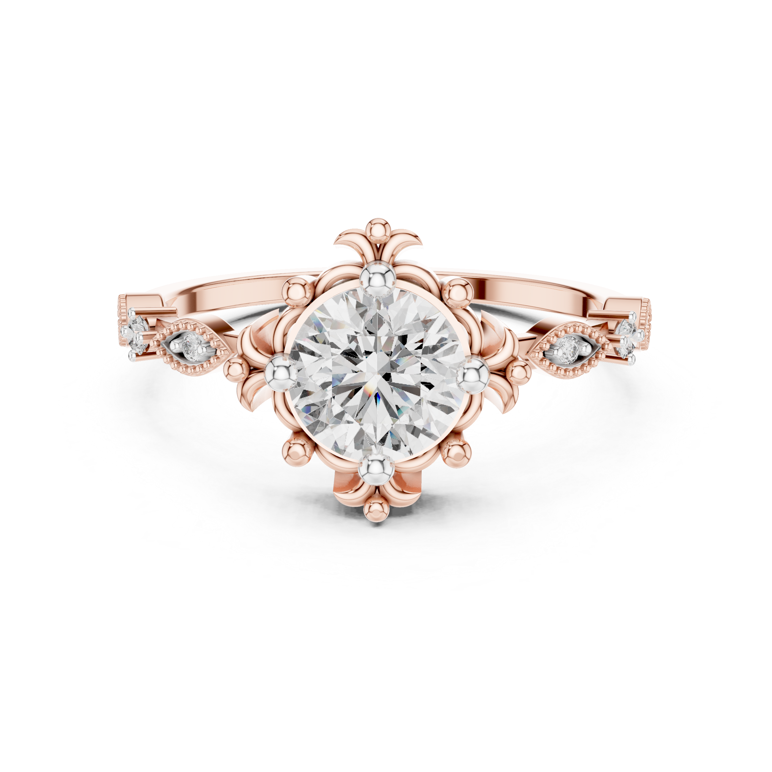 Round Cut Diamond Vintage Inspired Solitaire Ring with Side Accents