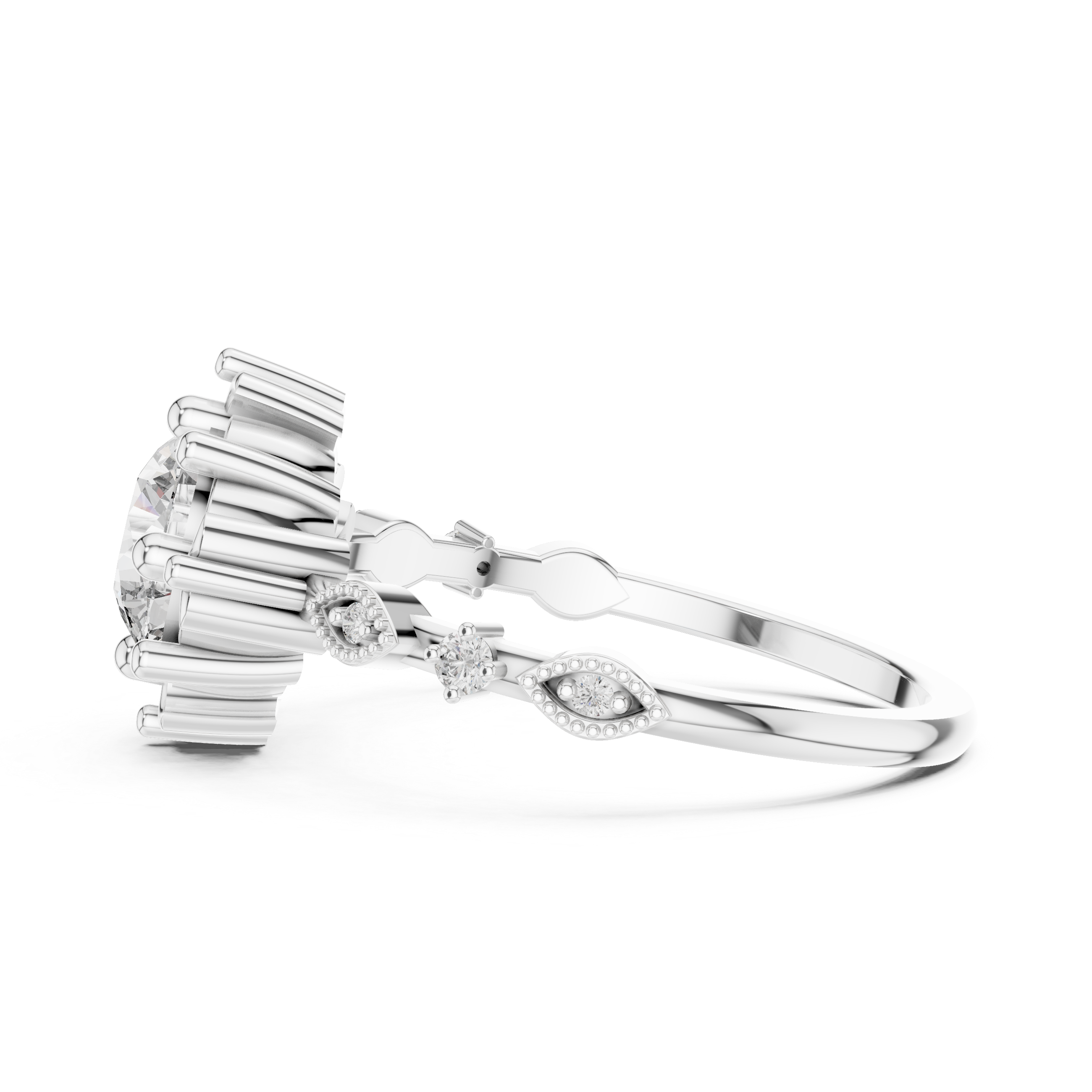 Round Cut Diamond Vintage Inspired Solitaire Ring with Side Accents