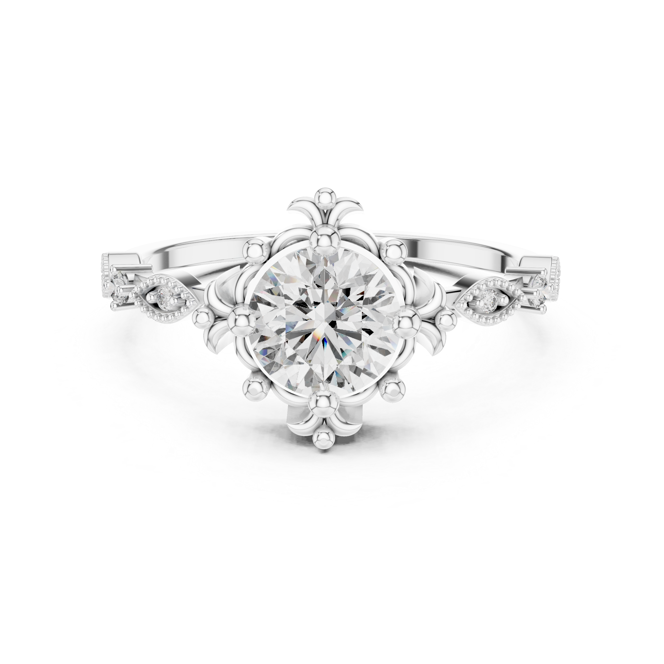 Round Cut Diamond Vintage Inspired Solitaire Ring with Side Accents