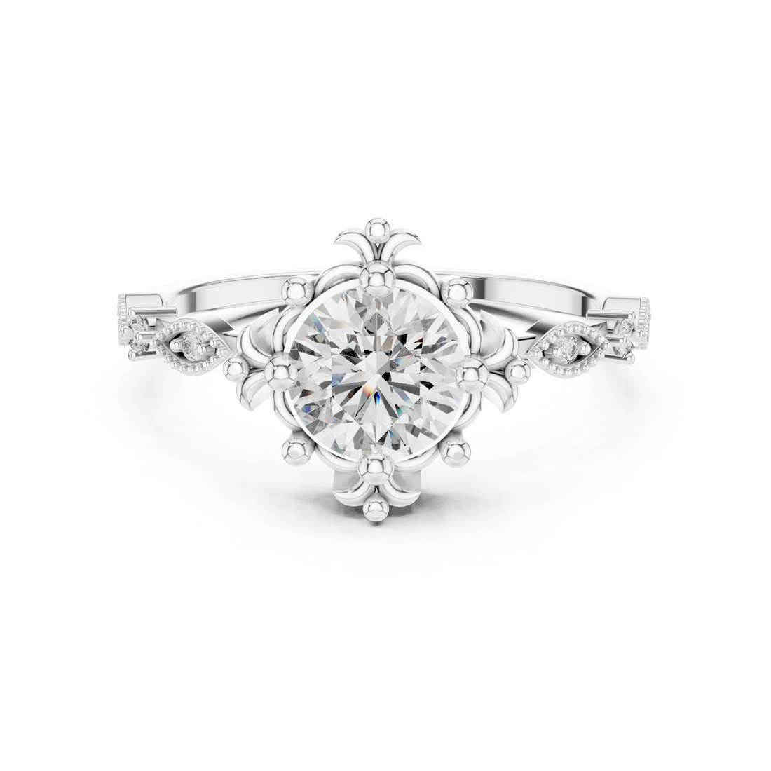 Round Cut Diamond Vintage Inspired Solitaire Ring with Side Accents