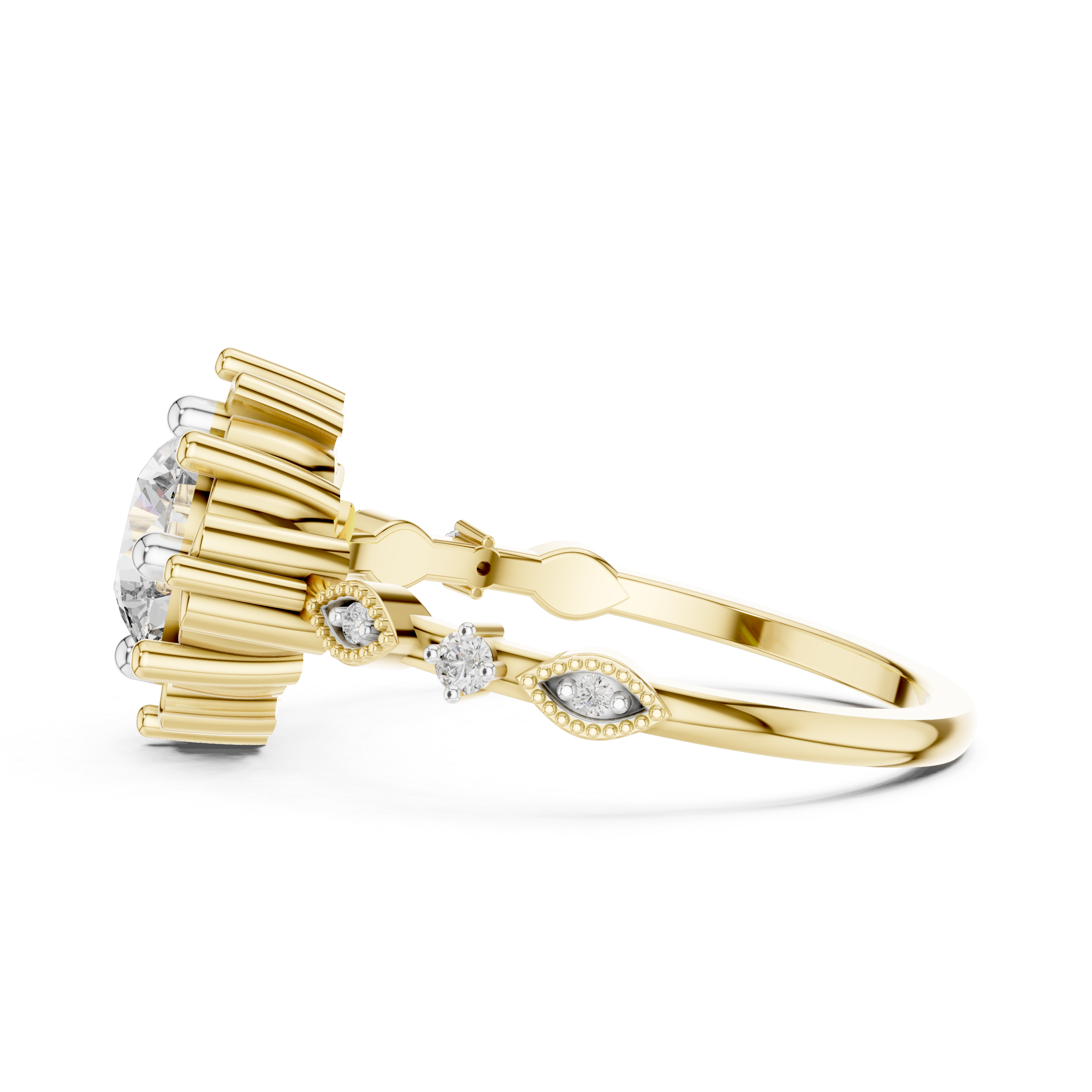 Round Cut Diamond Vintage Inspired Solitaire Ring with Side Accents