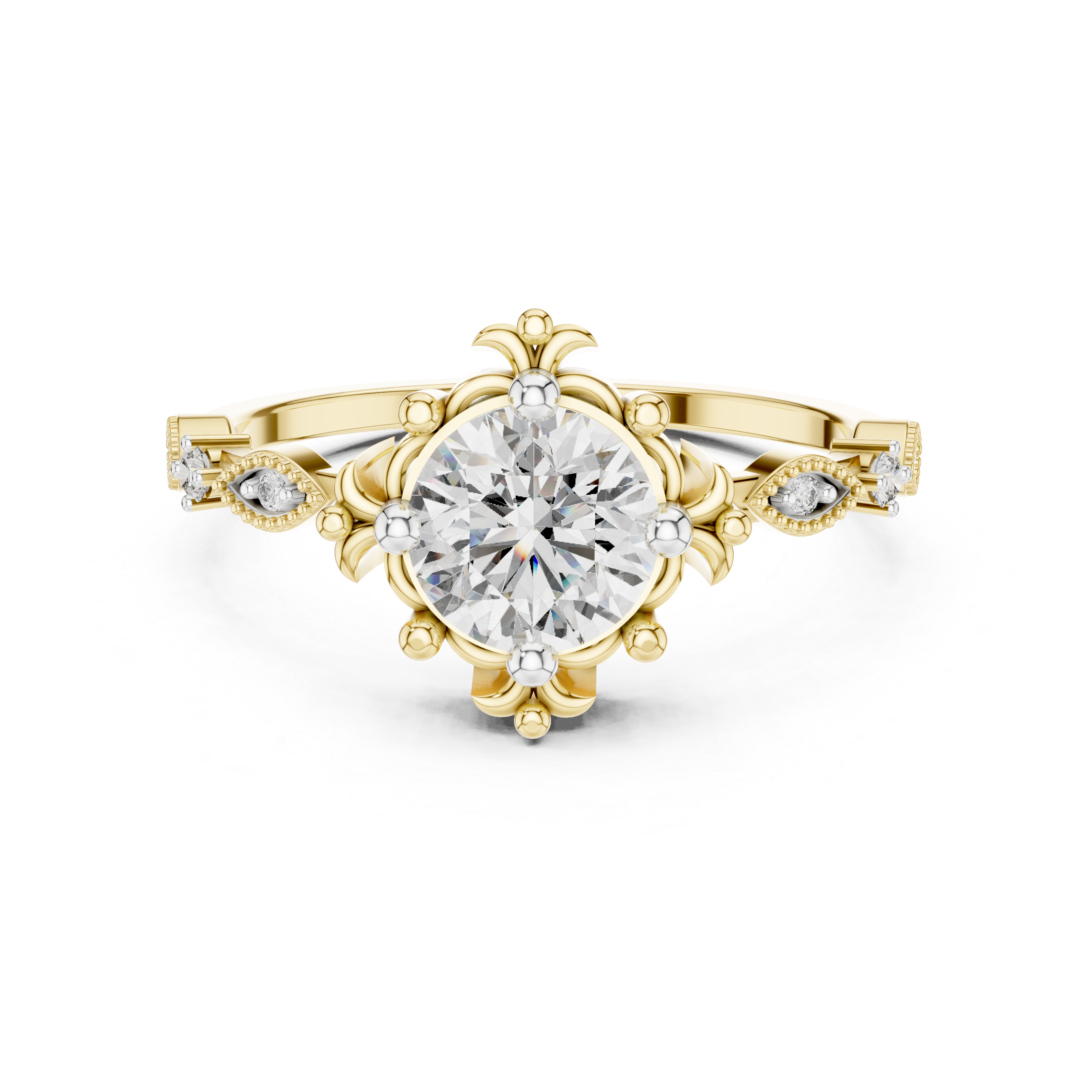 Round Cut Diamond Vintage Inspired Solitaire Ring with Side Accents