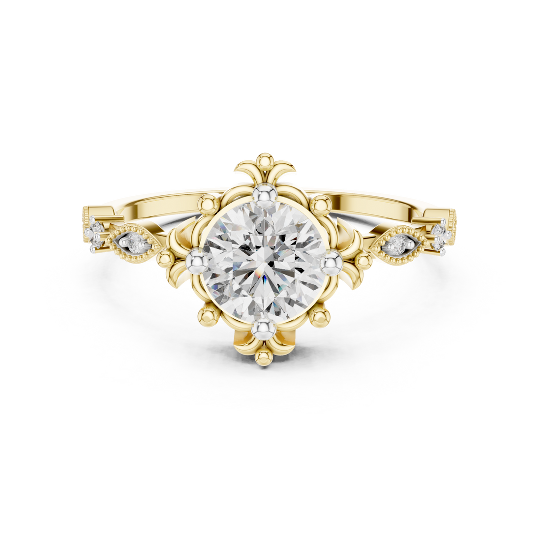 Round Cut Diamond Vintage Inspired Solitaire Ring with Side Accents