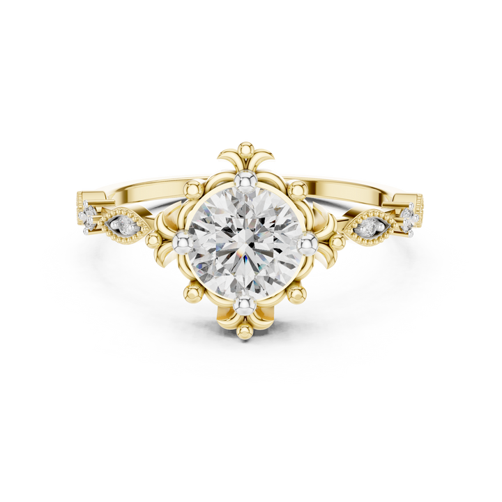 Round Cut Diamond Vintage Inspired Solitaire Ring with Side Accents