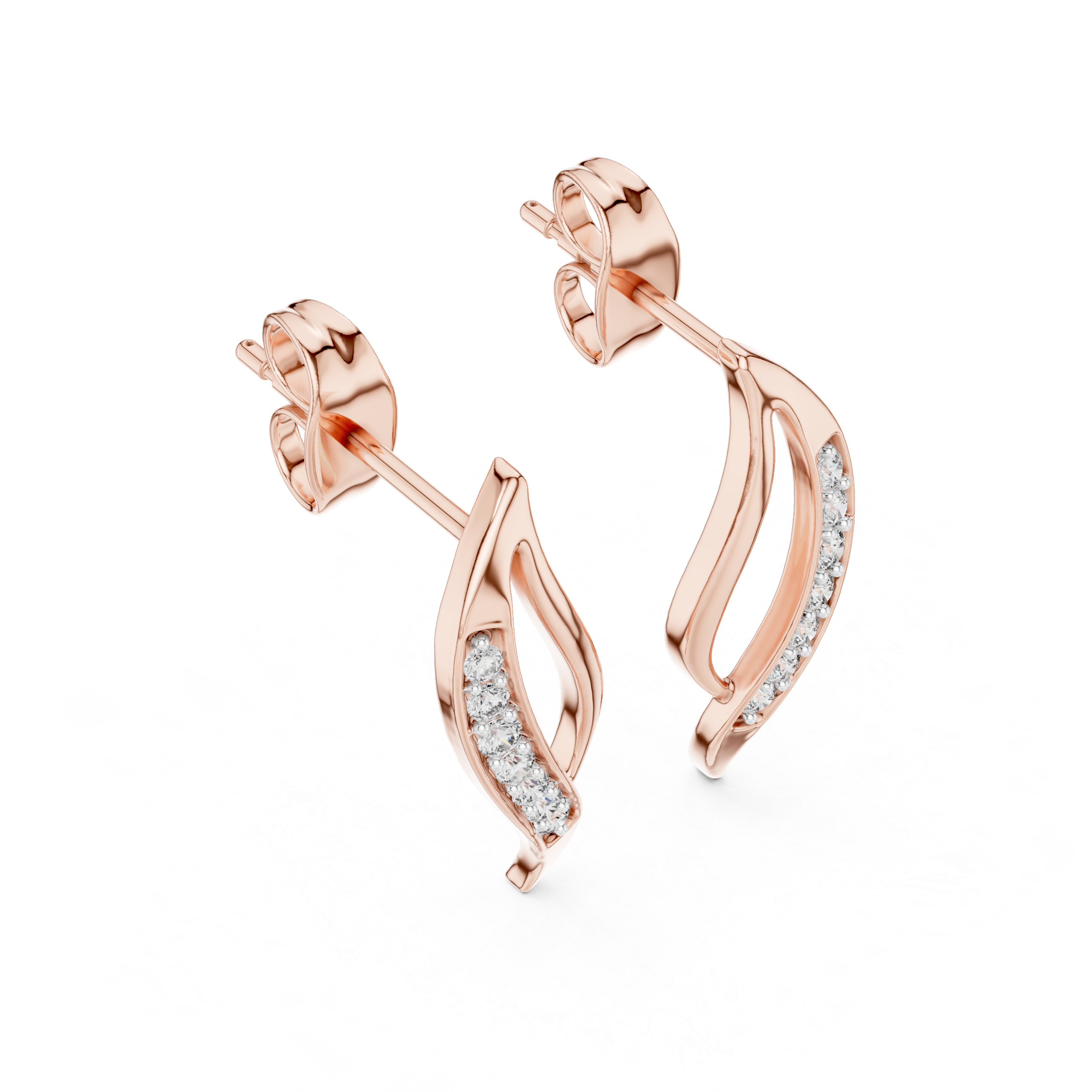 Round Cut Diamond Curved Leaf Pavé Set Modern Drop Earrings