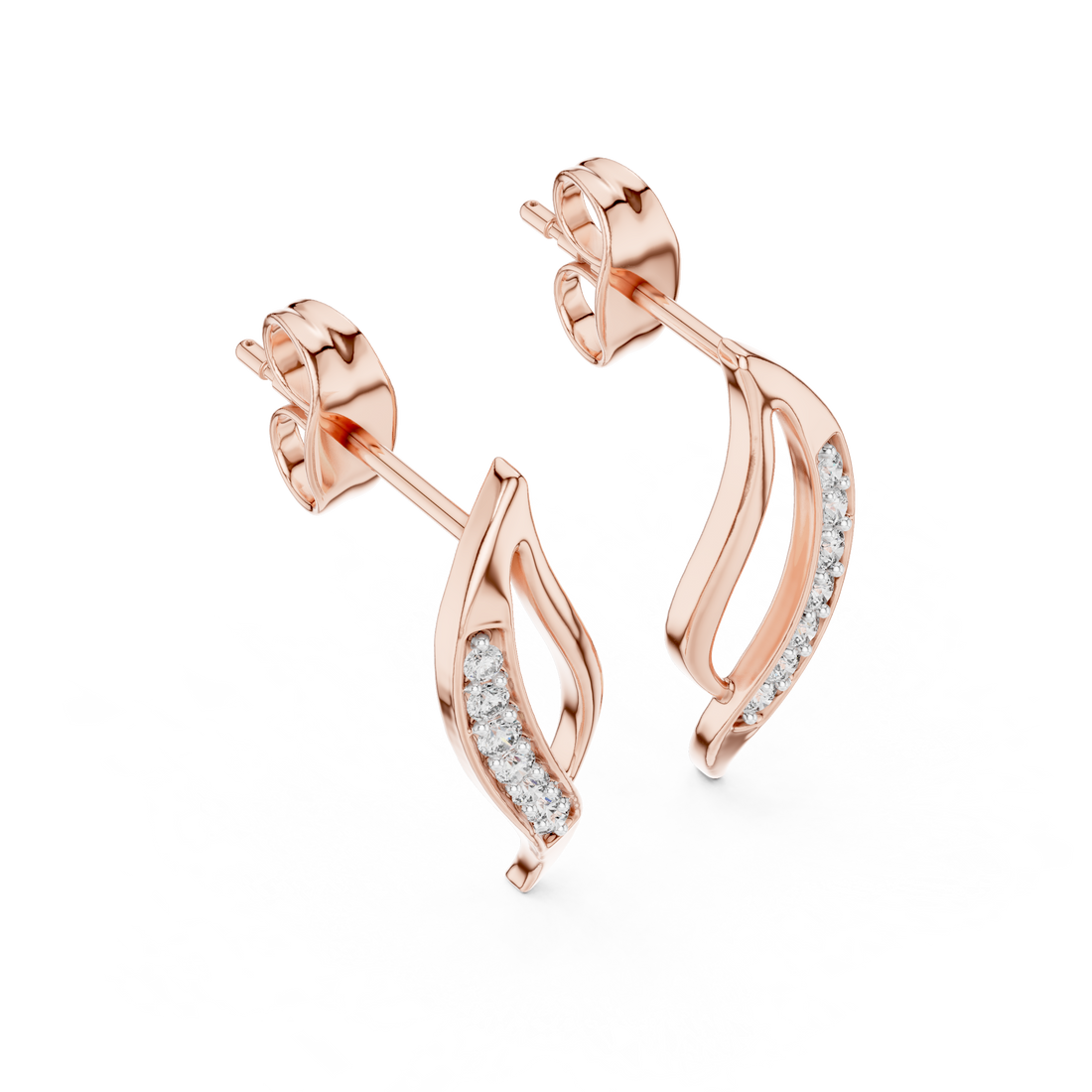 Round Cut Diamond Curved Leaf Pavé Set Modern Drop Earrings