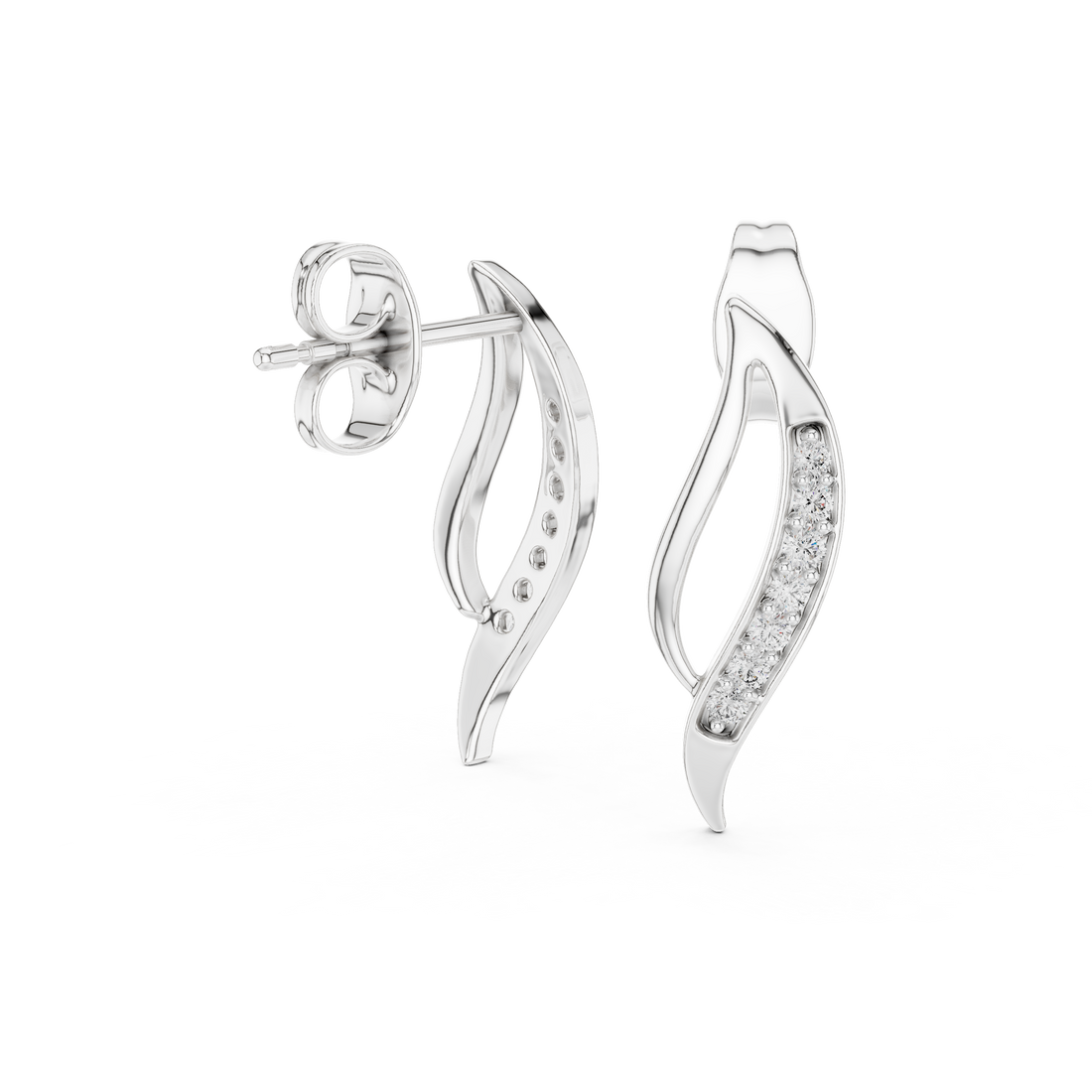 Round Cut Diamond Curved Leaf Pavé Set Modern Drop Earrings