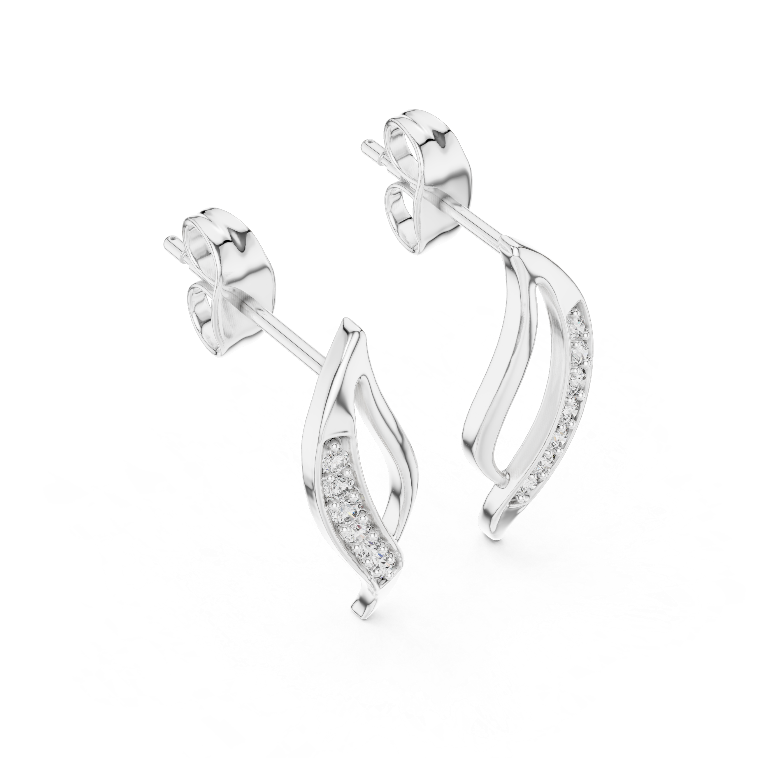 Round Cut Diamond Curved Leaf Pavé Set Modern Drop Earrings