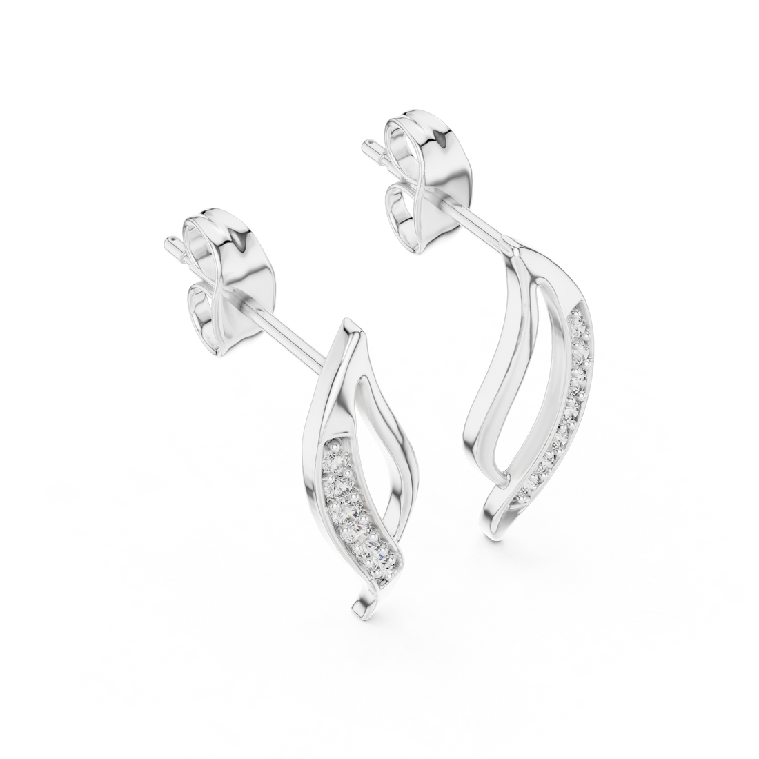 Round Cut Diamond Curved Leaf Pavé Set Modern Drop Earrings