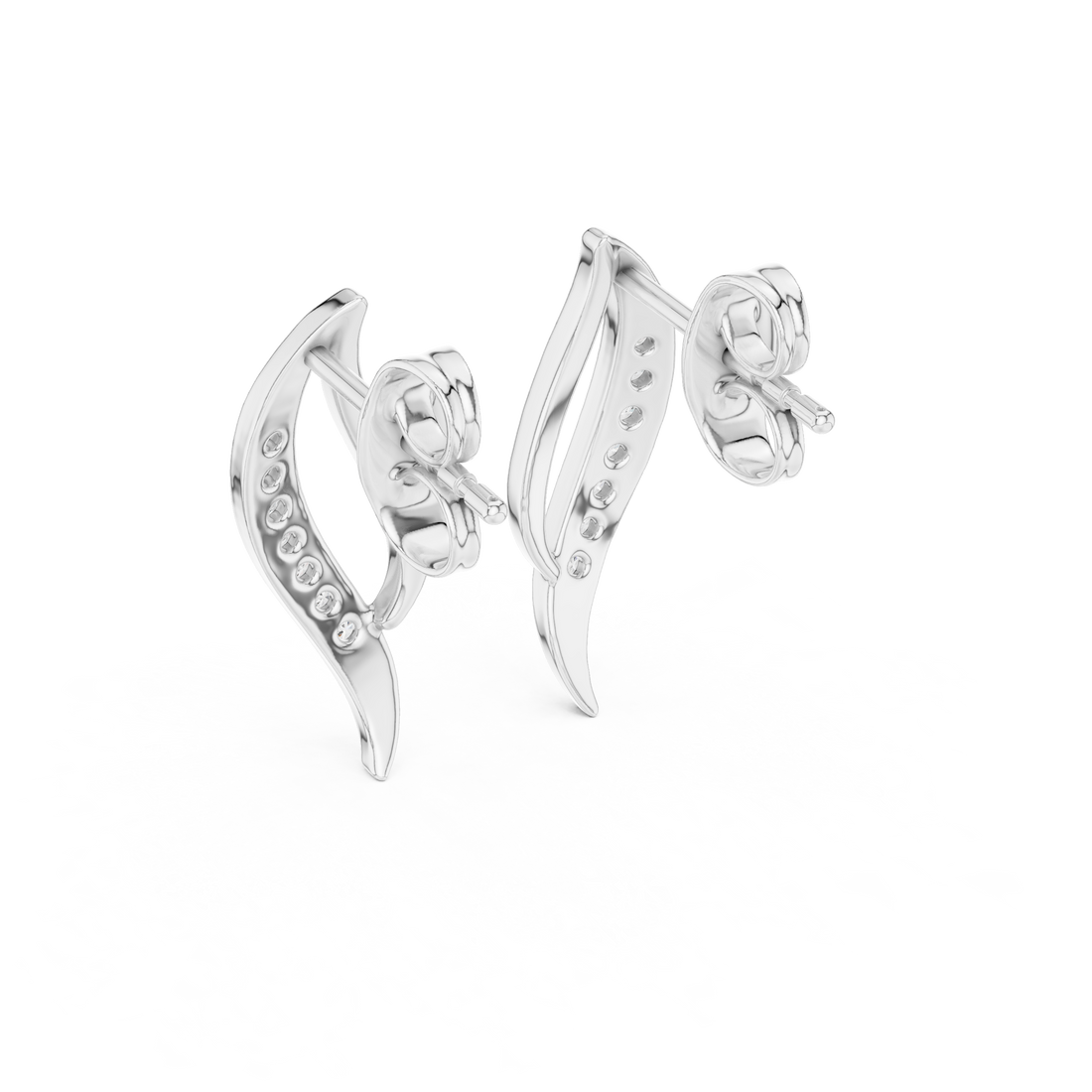 Round Cut Diamond Curved Leaf Pavé Set Modern Drop Earrings