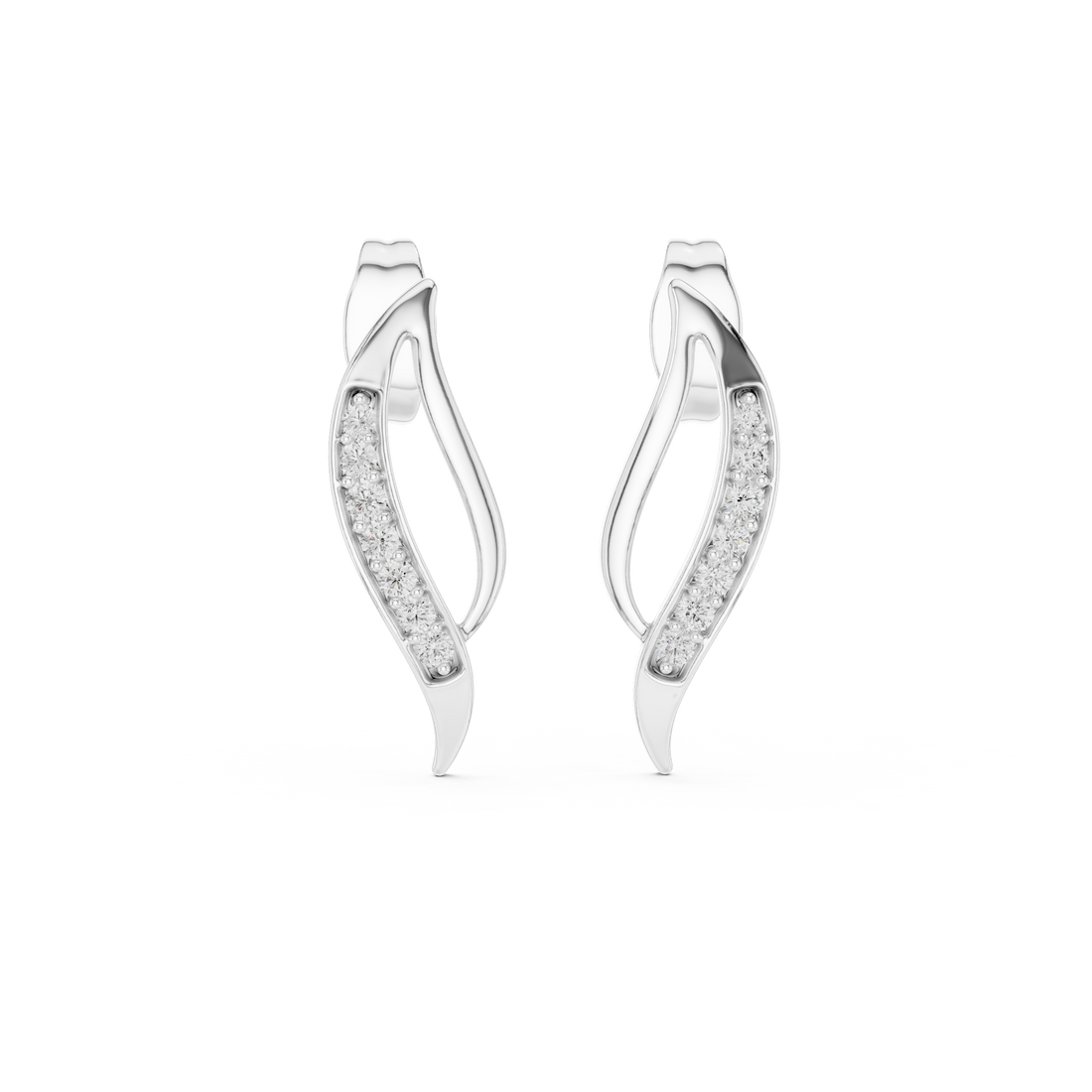 Round Cut Diamond Curved Leaf Pavé Set Modern Drop Earrings